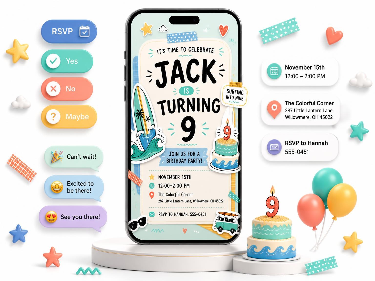 The Surfboard Pastel 9th Birthday Invitation invitation on a phone, with guest RSVPs arriving around it