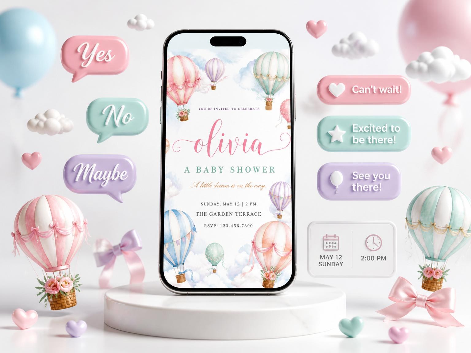 The Pastel Watercolor Hot Air Balloon Baby Shower invitation on a phone, with guest RSVPs arriving around it