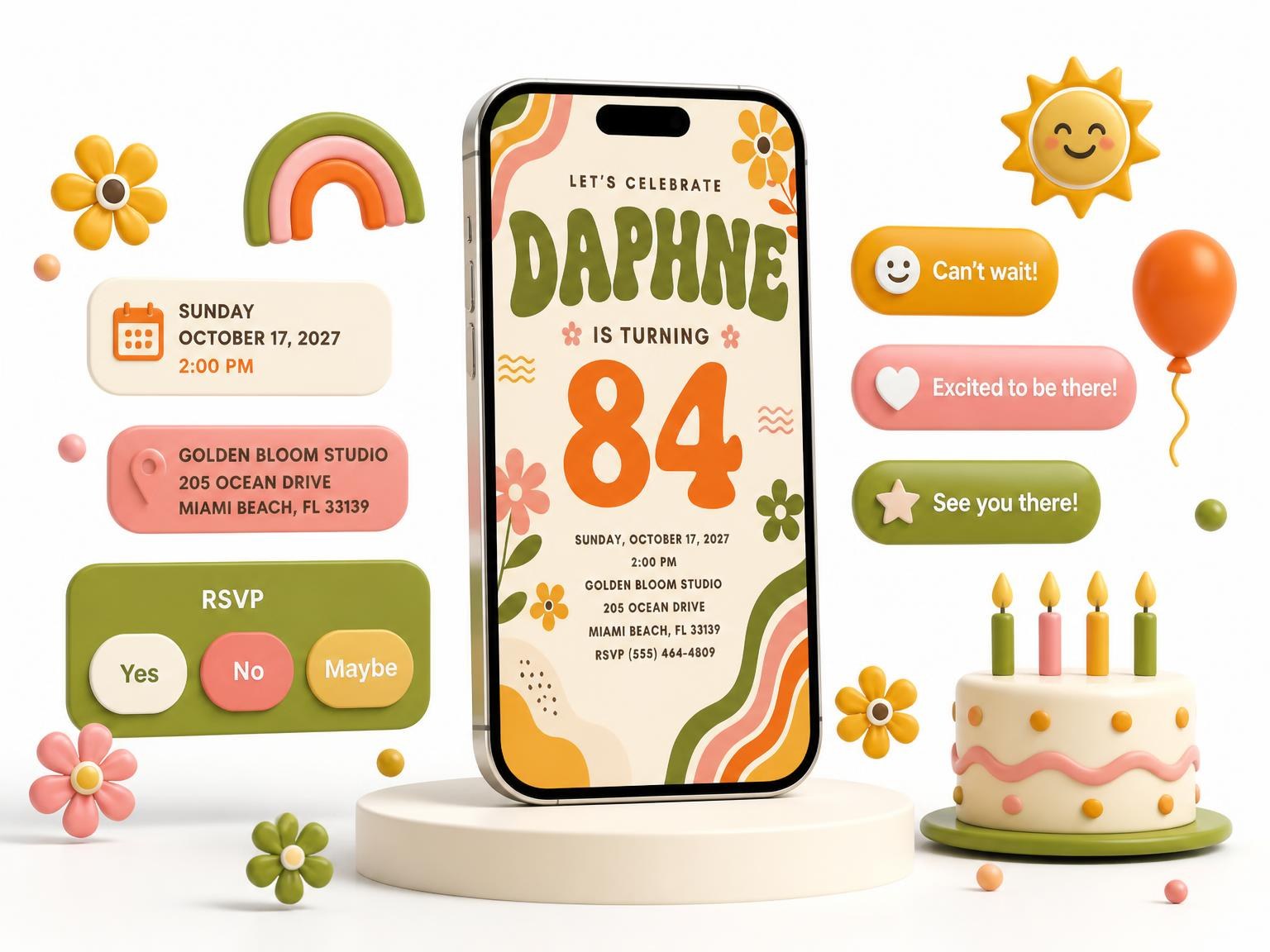 The Groovy Retro 84th Birthday Invitation invitation on a phone, with guest RSVPs arriving around it