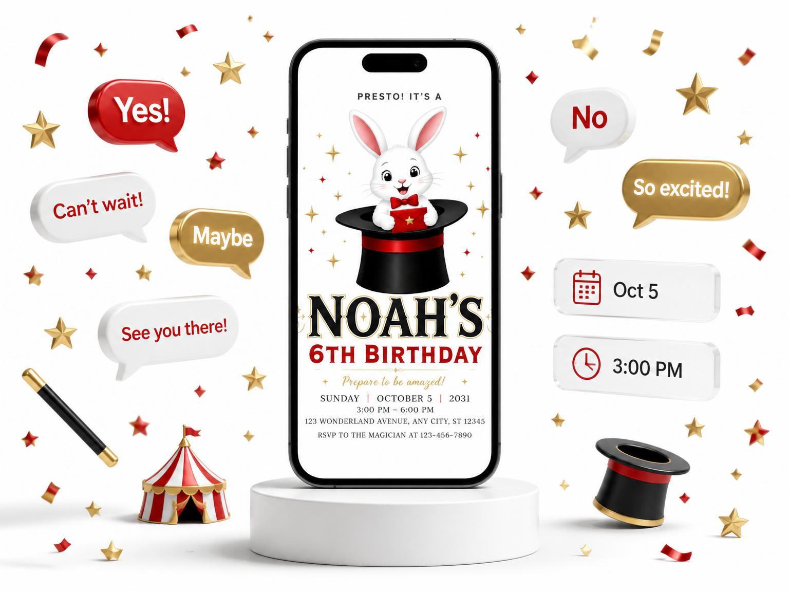 The Magical Rabbit Top Hat 6th Birthday invitation on a phone, with guest RSVPs arriving around it