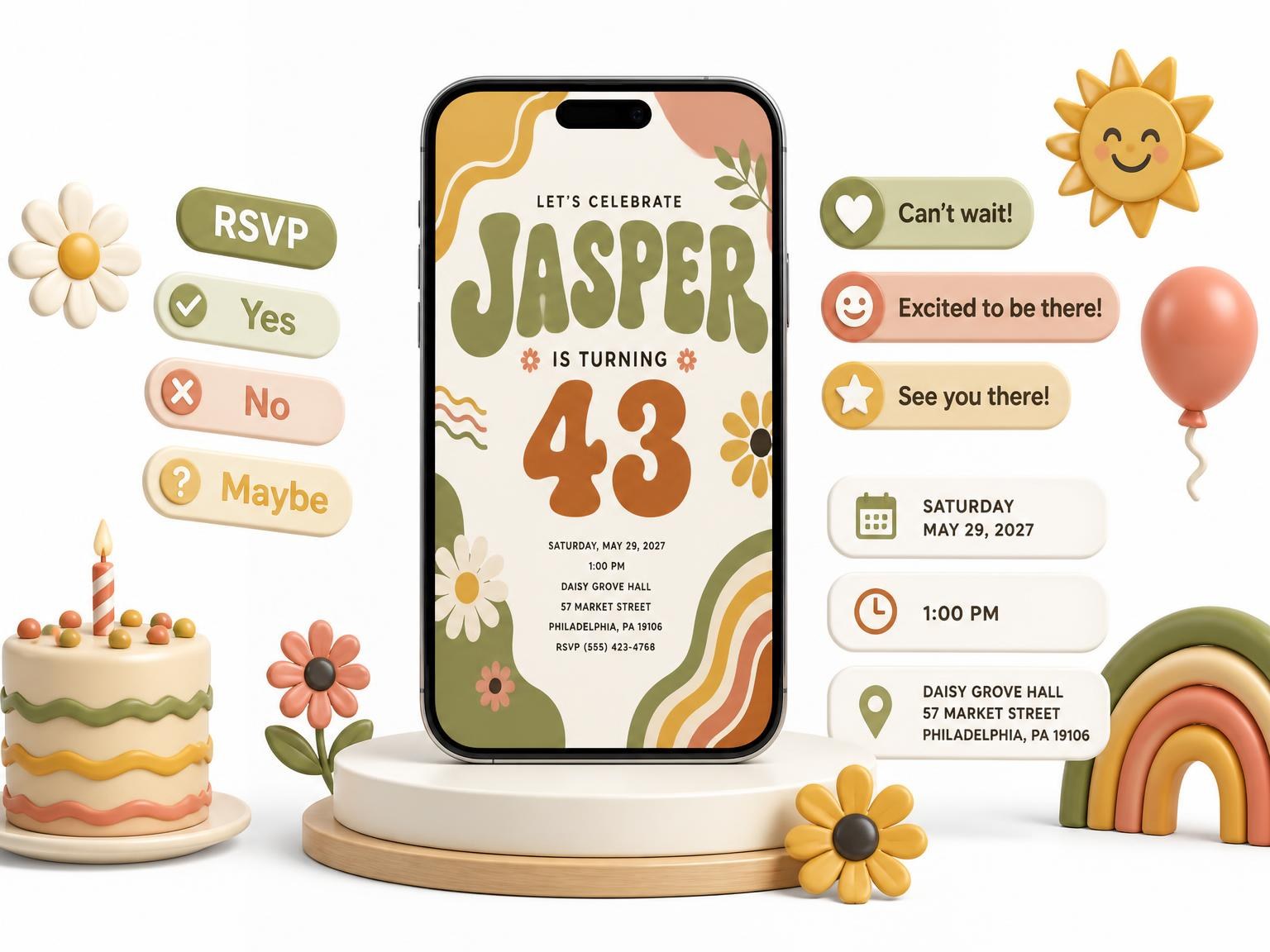 The Groovy Retro 43rd Birthday Invitation invitation on a phone, with guest RSVPs arriving around it
