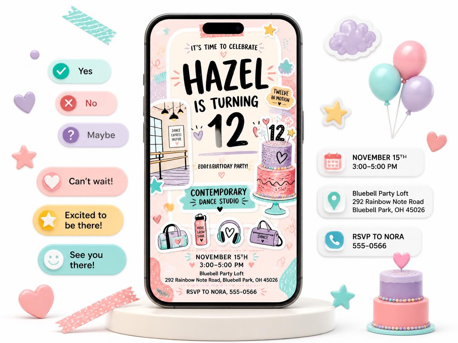 The Pastel Dance Studio 12th Birthday Invitation invitation on a phone, with guest RSVPs arriving around it
