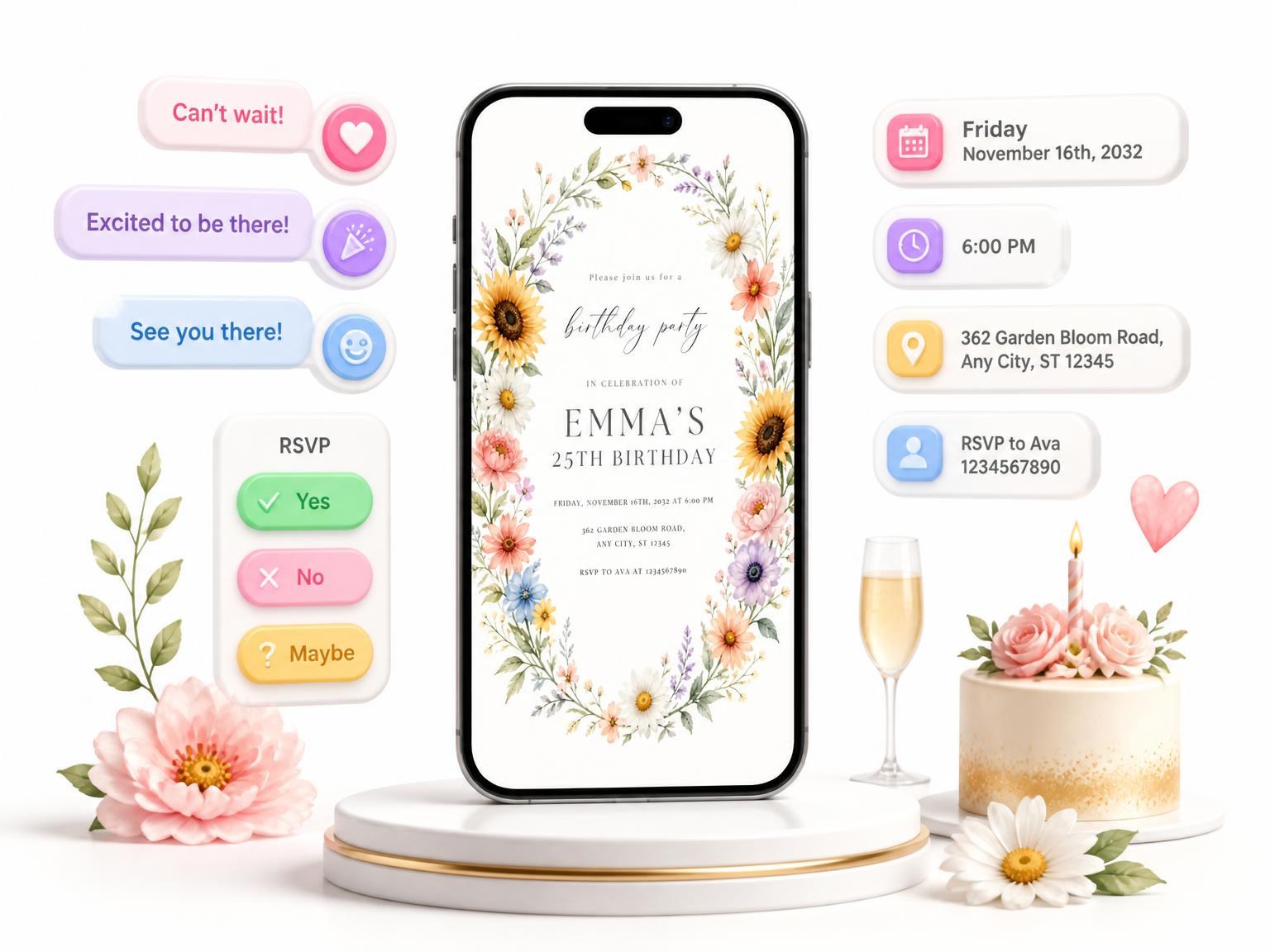 The Pastel Sunflower Wreath 25th Birthday Invitation invitation on a phone, with guest RSVPs arriving around it