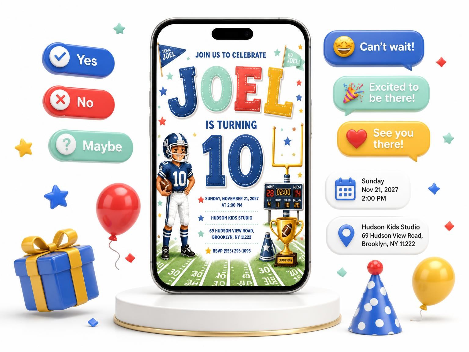 The Post Scoreboard 10th Birthday Invitation invitation on a phone, with guest RSVPs arriving around it