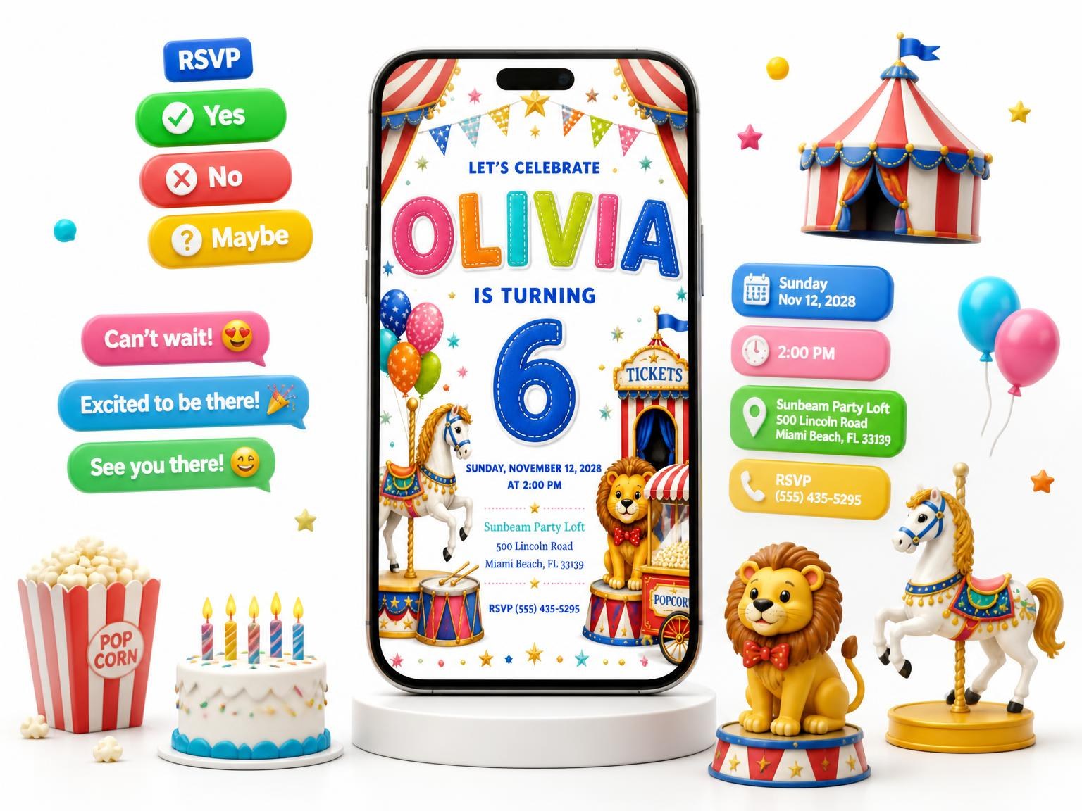 The Stitched Circus 6th Birthday Invitation invitation on a phone, with guest RSVPs arriving around it