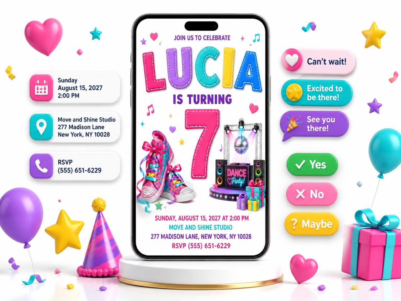 The Stage Setup Stitched 7th Birthday Invitation invitation on a phone, with guest RSVPs arriving around it