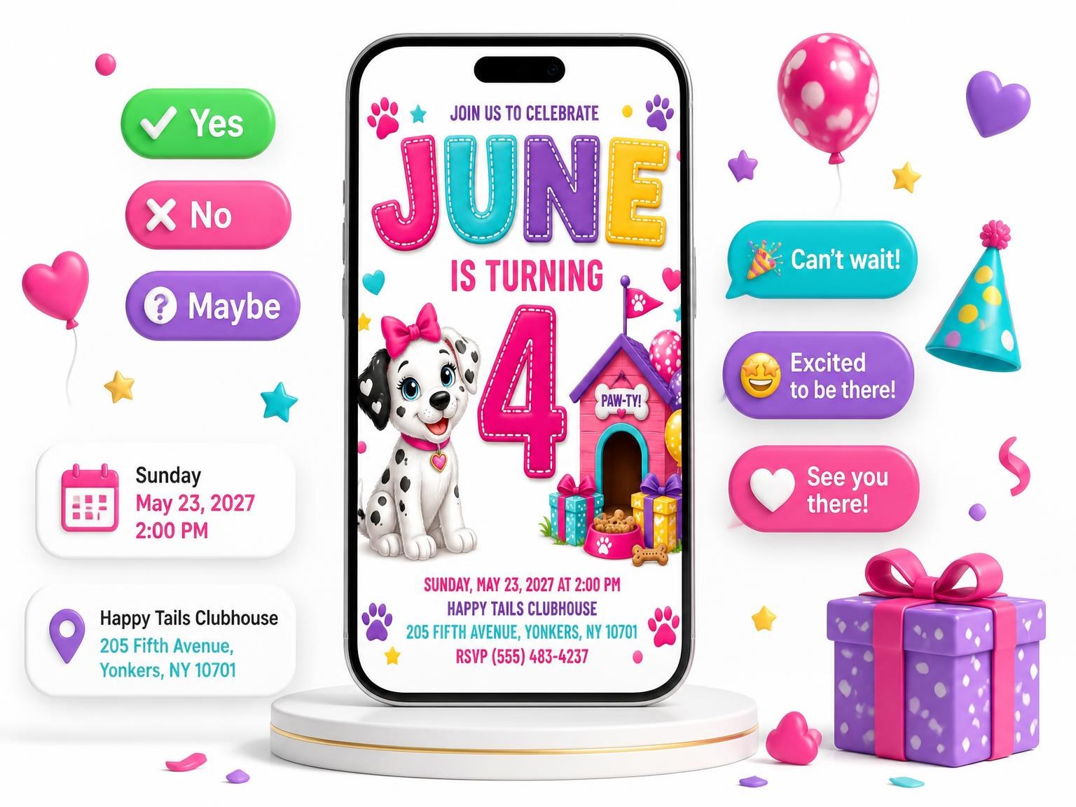 The Dog 4th Birthday Invitation invitation on a phone, with guest RSVPs arriving around it