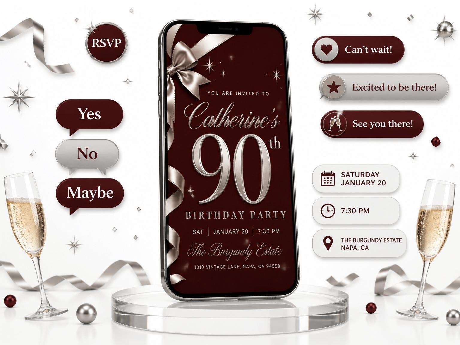 The Burgundy Silver Ribbon 90th Birthday invitation on a phone, with guest RSVPs arriving around it