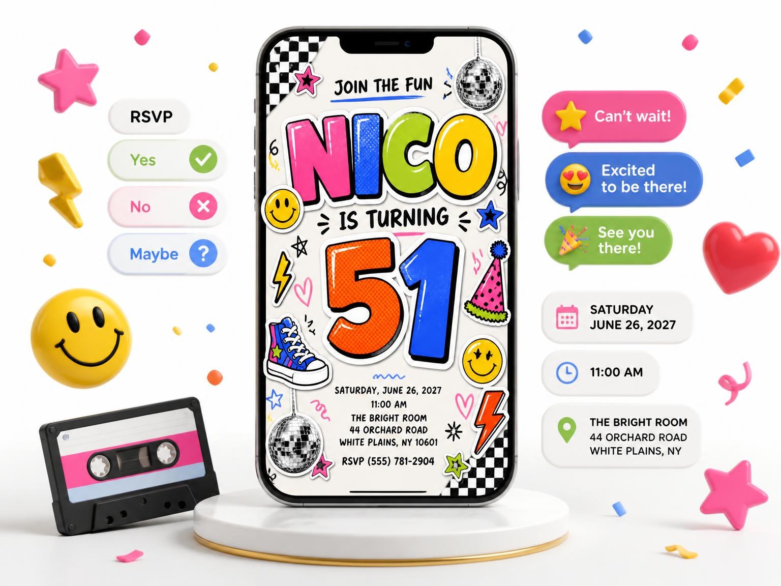 The Sticker Pop 51st Birthday Invitation invitation on a phone, with guest RSVPs arriving around it