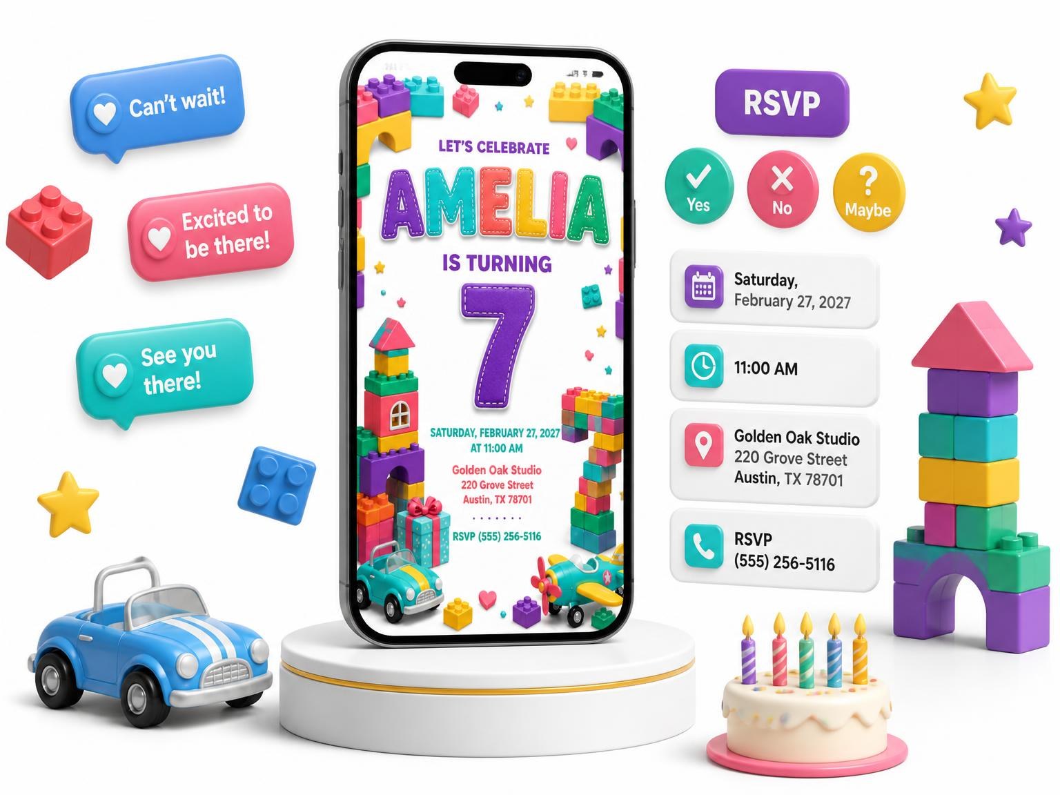 The Pink 7th Birthday Invitation invitation on a phone, with guest RSVPs arriving around it