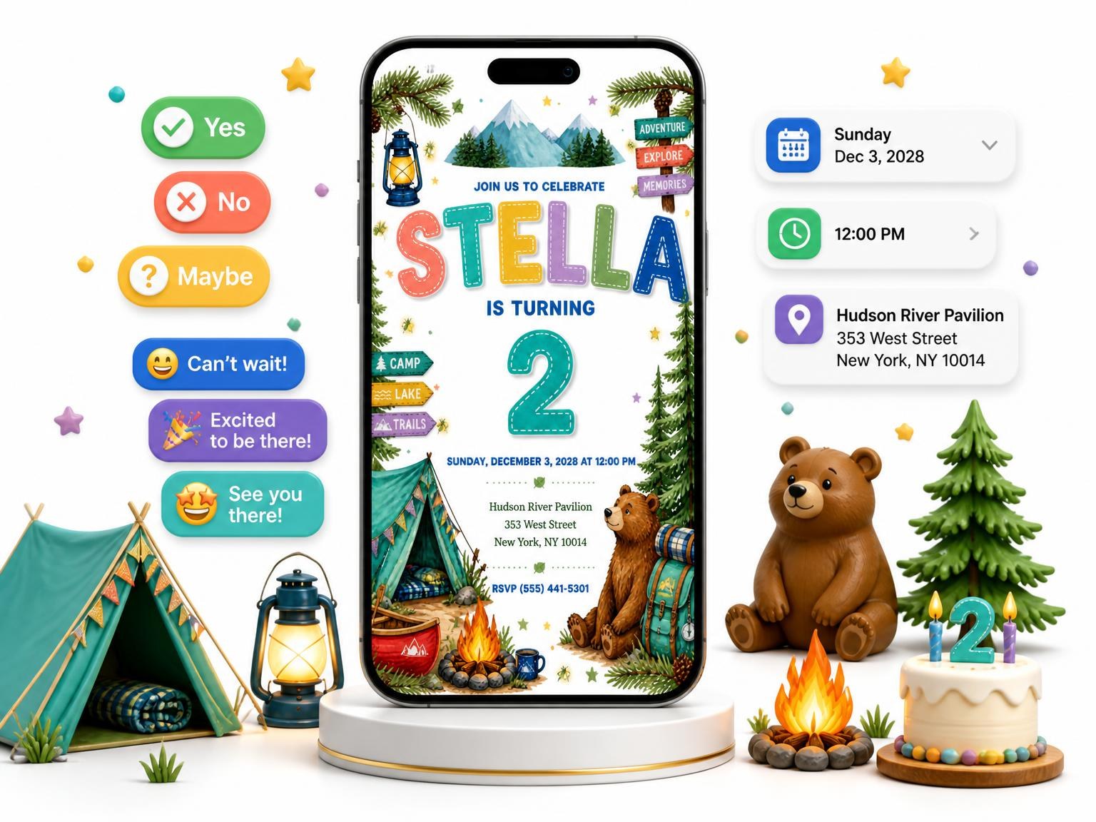 The Stitched Camping 2nd Birthday Invitation invitation on a phone, with guest RSVPs arriving around it