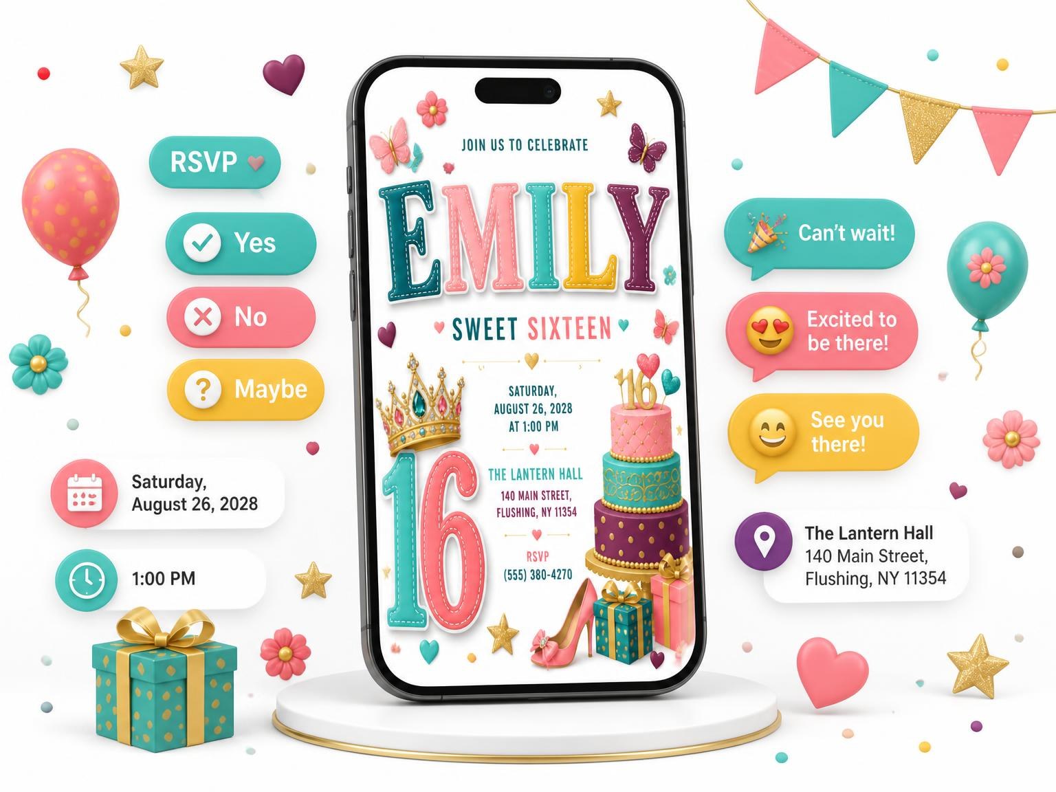 The Gold Crown Sweet Sixteen Invitation invitation on a phone, with guest RSVPs arriving around it