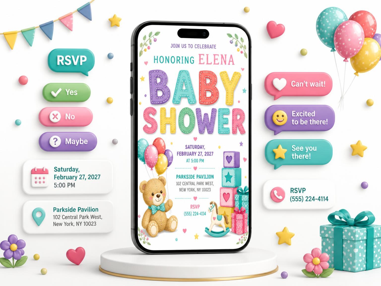 The Teal Teddy Bear Baby Shower Invitation invitation on a phone, with guest RSVPs arriving around it