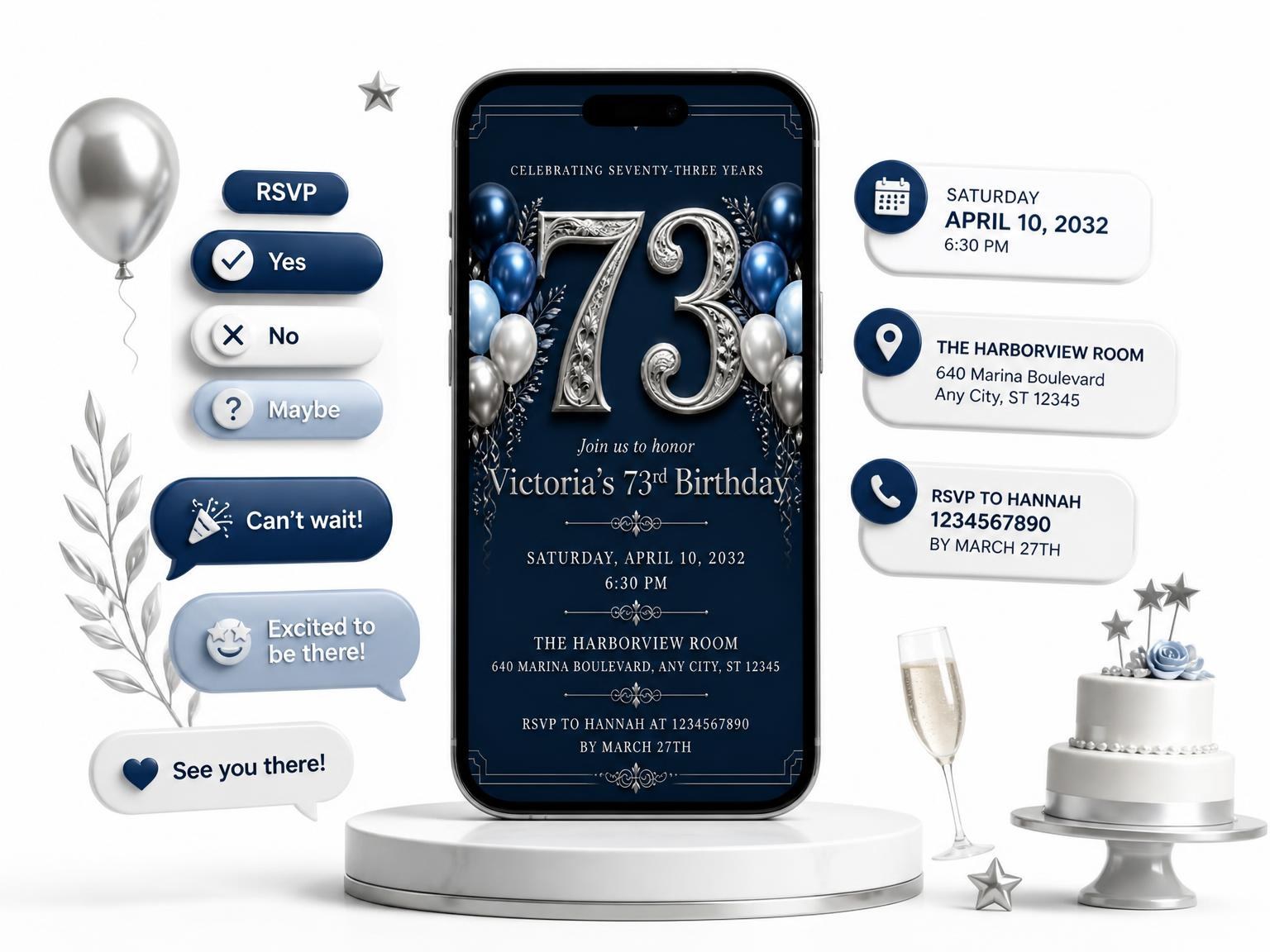 The Navy and Silver 73rd Birthday Invitation invitation on a phone, with guest RSVPs arriving around it