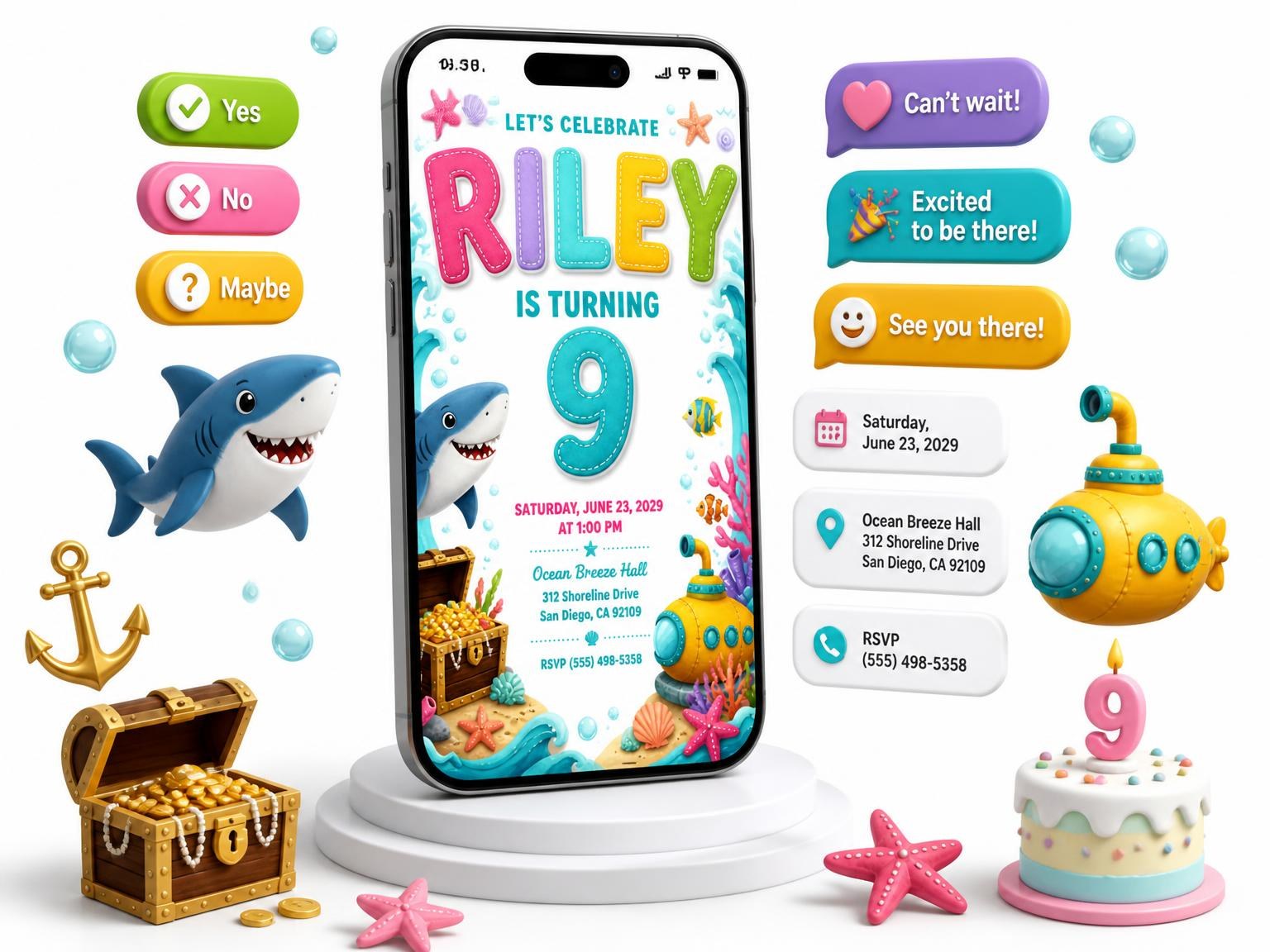 The Stitched Shark 9th Birthday Invitation invitation on a phone, with guest RSVPs arriving around it