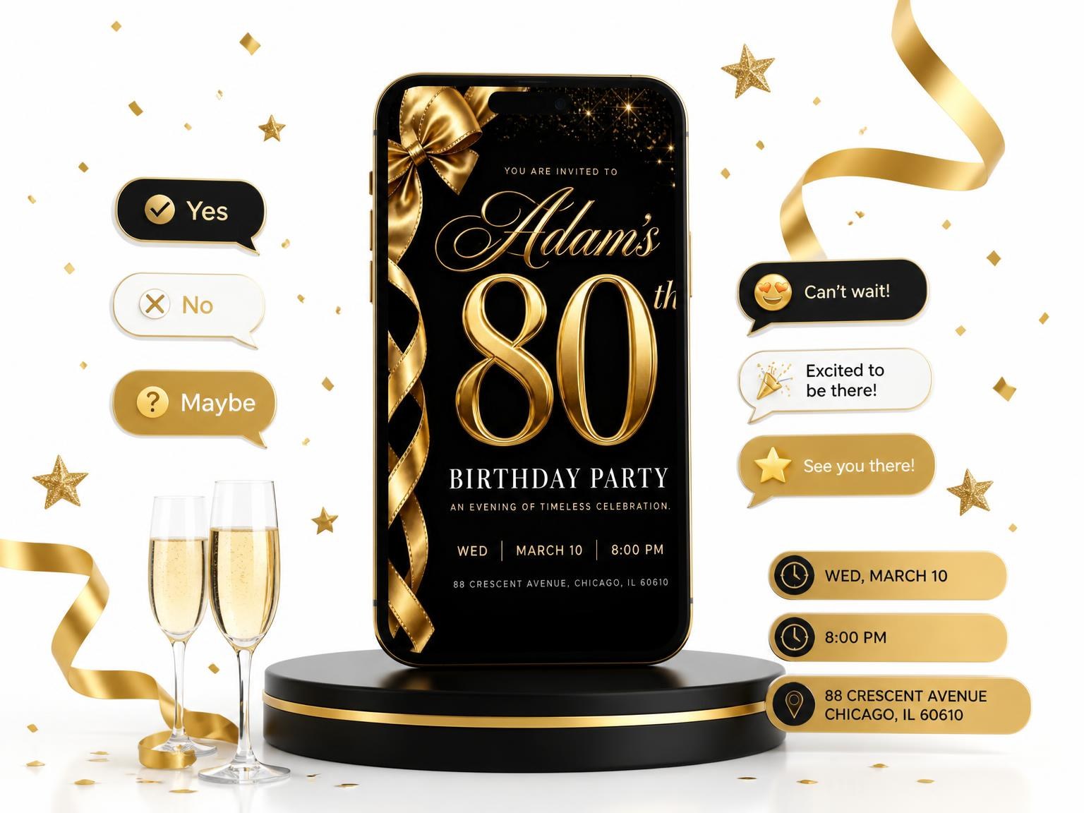 The Black and Gold Ribbon 80th Birthday invitation on a phone, with guest RSVPs arriving around it