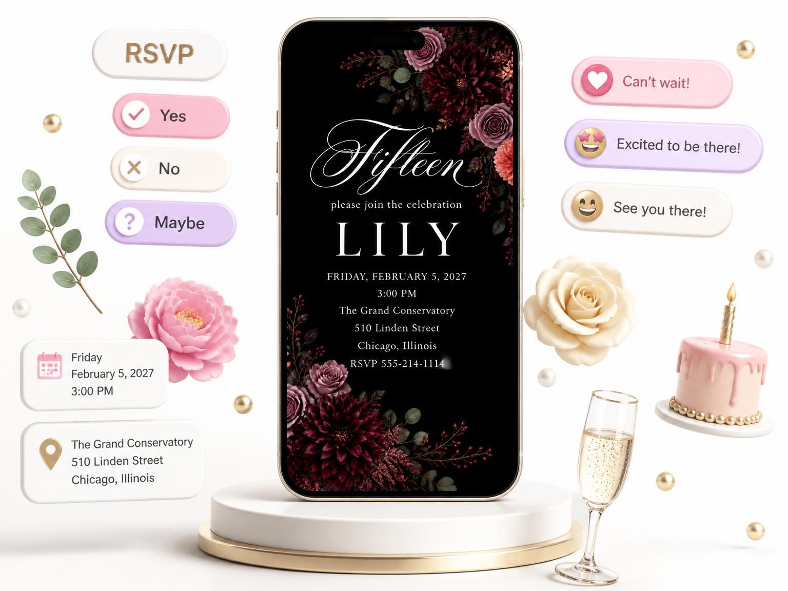 The Black Floral 15th Birthday Invitation invitation on a phone, with guest RSVPs arriving around it