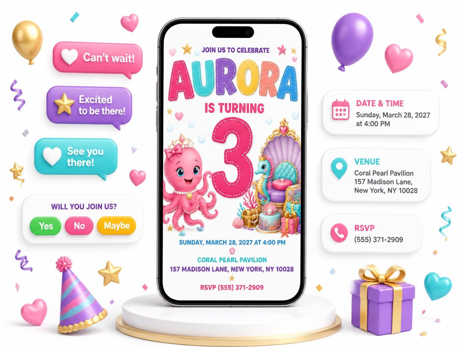 The Princess Octopus 3rd Birthday Invitation invitation on a phone, with guest RSVPs arriving around it