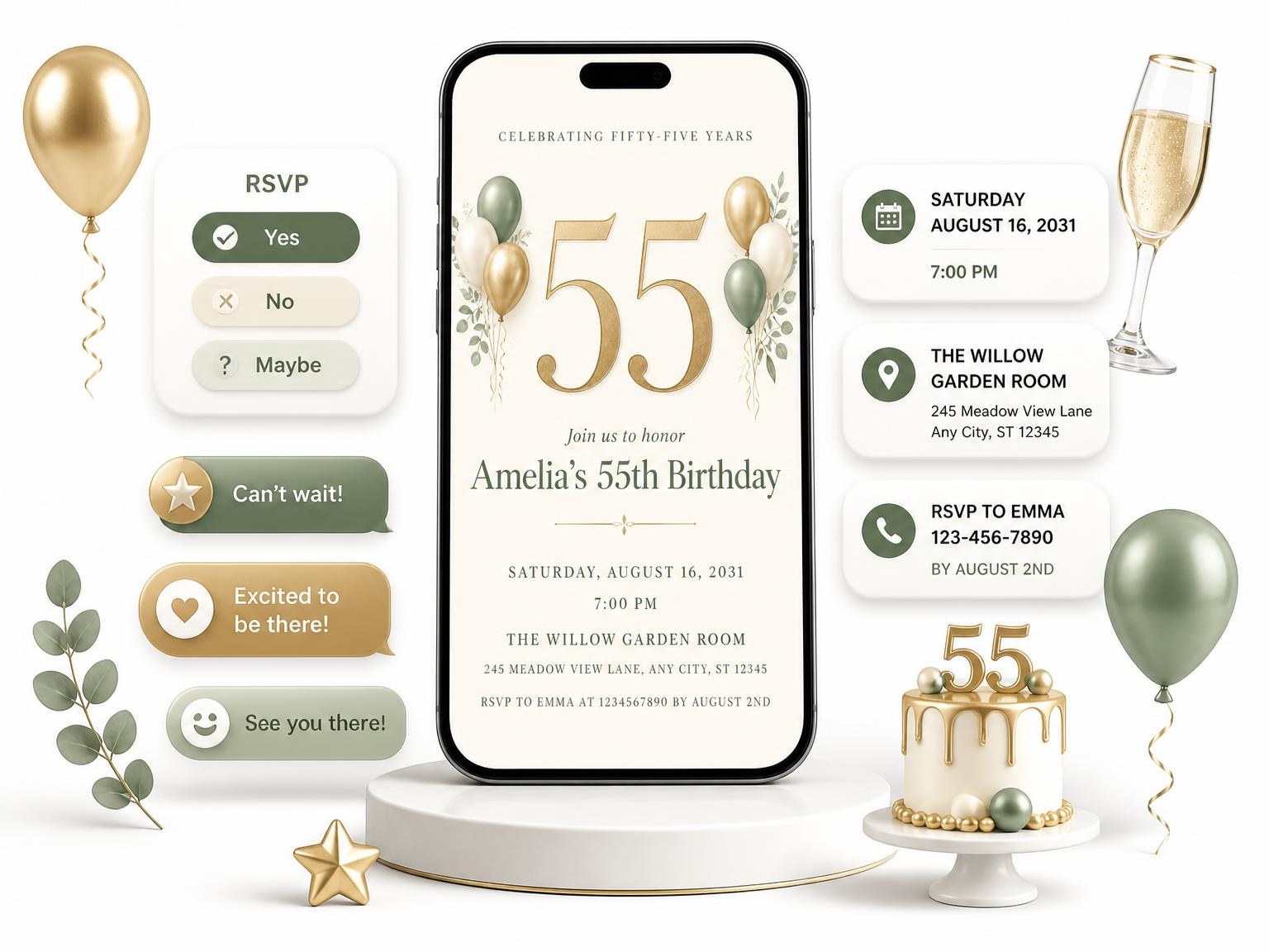 The Sage and Ivory 55th Birthday Invitation invitation on a phone, with guest RSVPs arriving around it