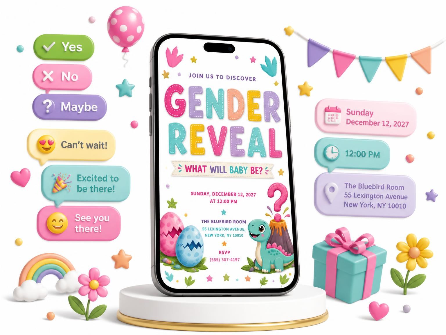 The Cracked Dinosaur Gender Reveal Invitation invitation on a phone, with guest RSVPs arriving around it