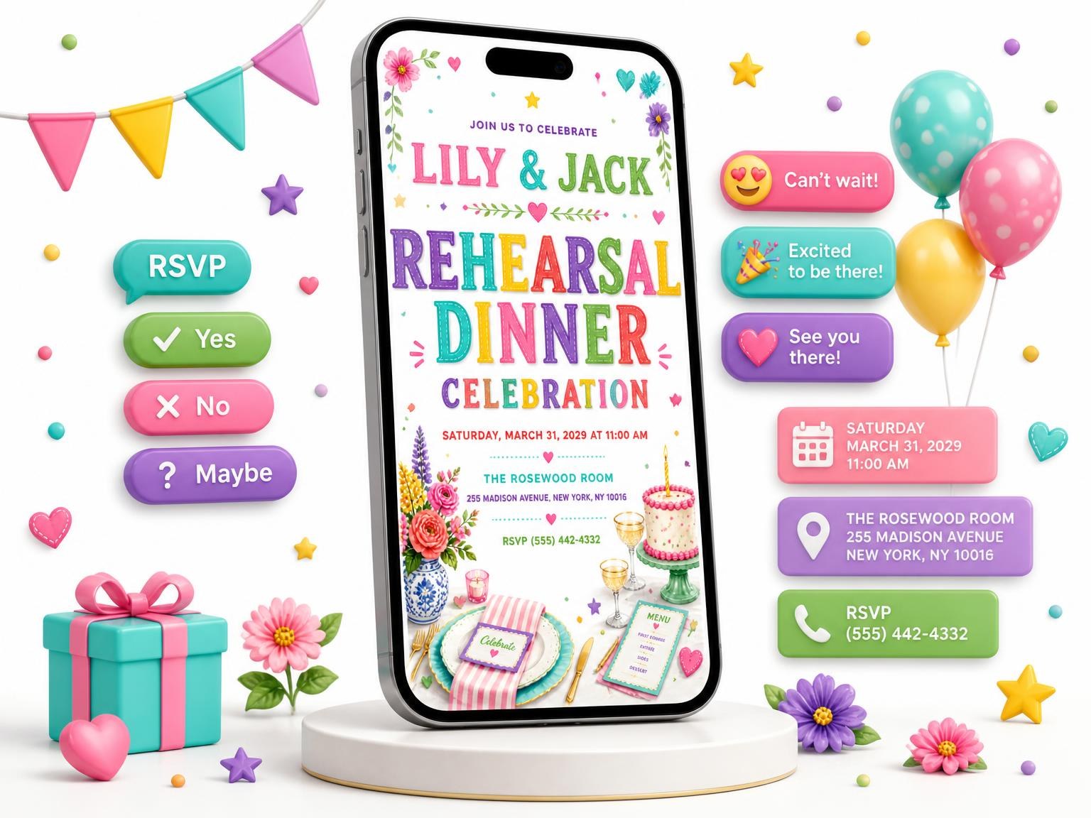 The Floral Rehearsal Dinner Invitation invitation on a phone, with guest RSVPs arriving around it
