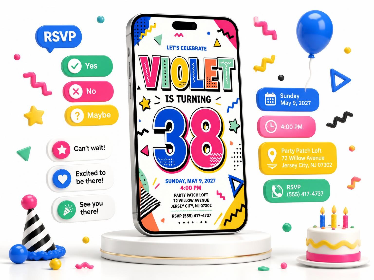 The Memphis Pop 38th Birthday Invitation invitation on a phone, with guest RSVPs arriving around it