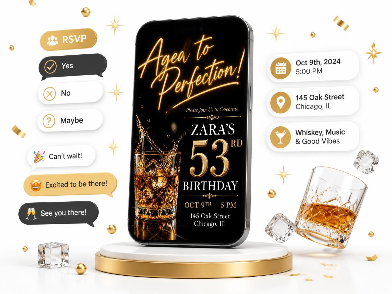 The Whiskey Glass 53rd Birthday Invitation invitation on a phone, with guest RSVPs arriving around it