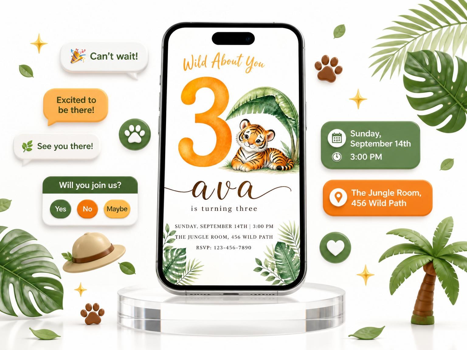 The Watercolor Tiger Jungle 3rd Birthday invitation on a phone, with guest RSVPs arriving around it