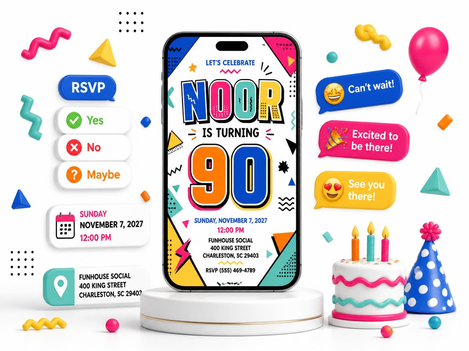 The Memphis Pop 90th Birthday Invitation invitation on a phone, with guest RSVPs arriving around it
