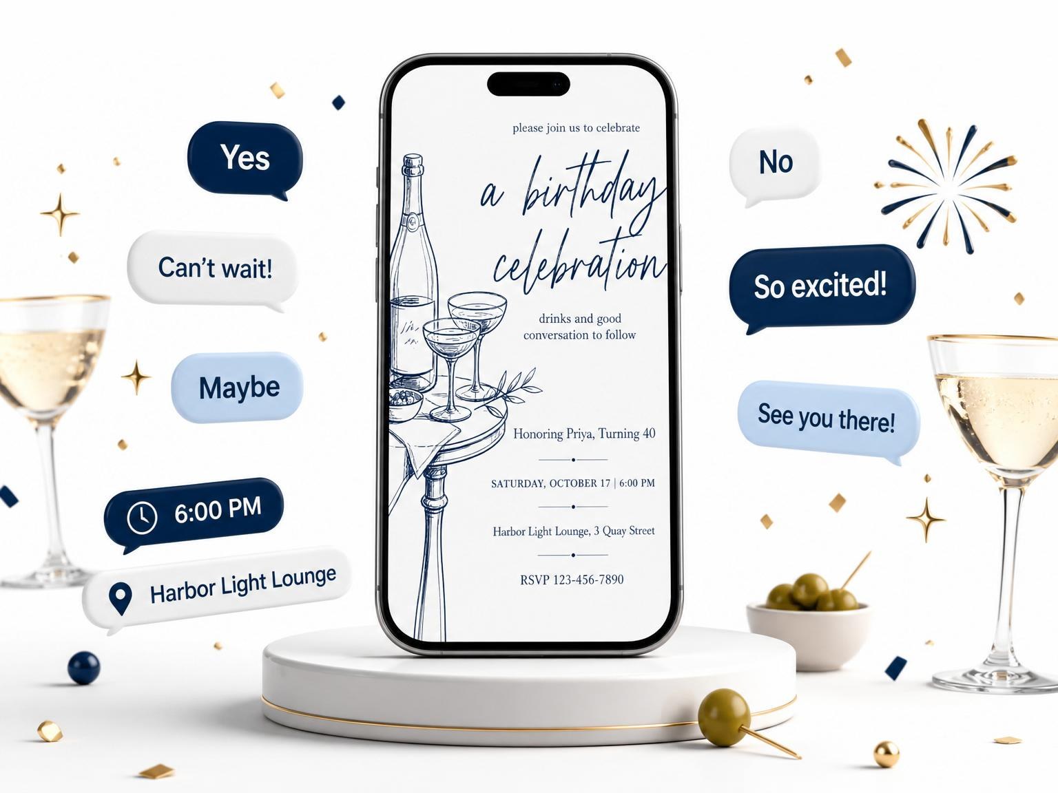 The Navy Ink Champagne 40th Birthday Illustration invitation on a phone, with guest RSVPs arriving around it