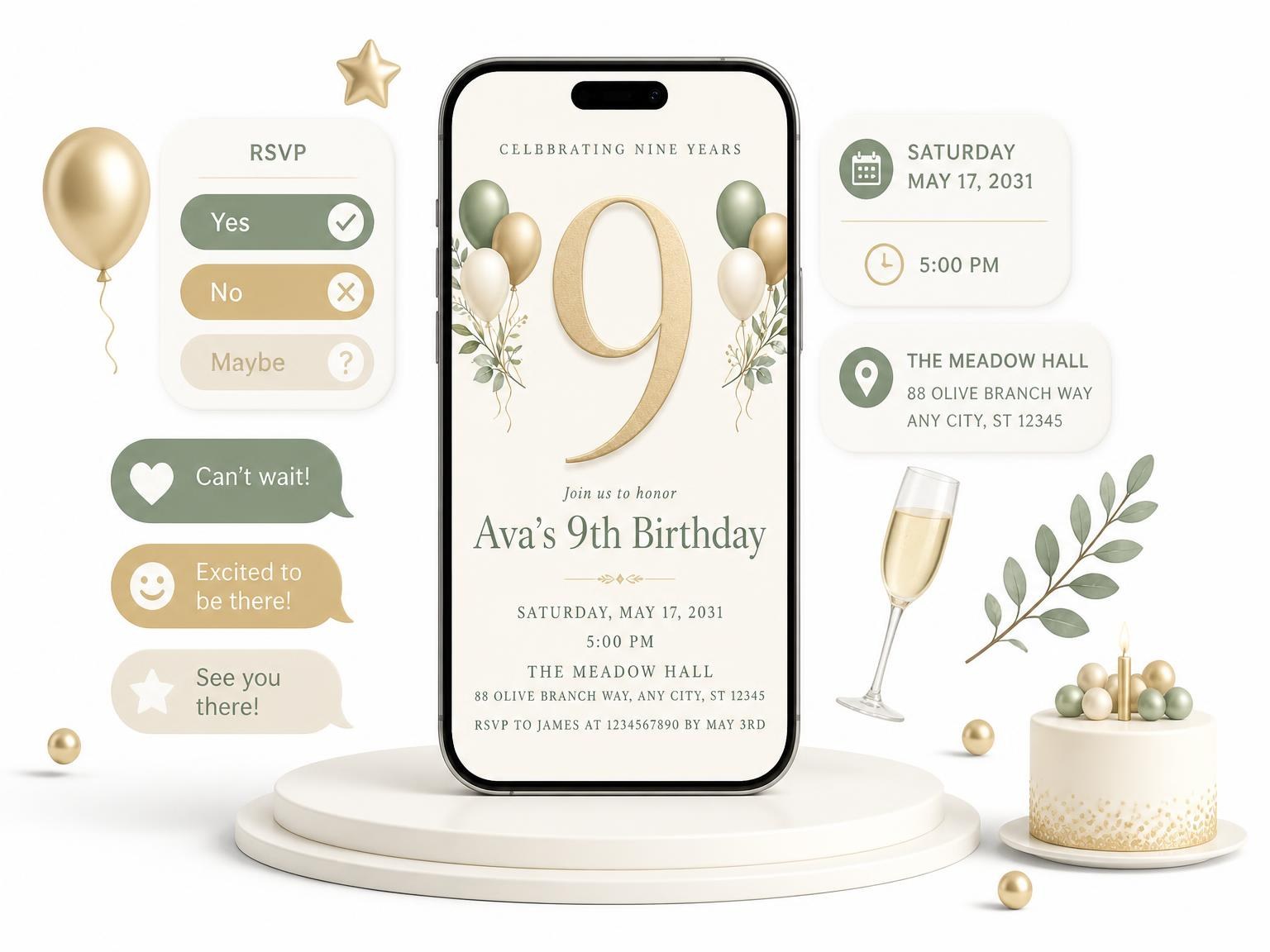 The Sage and Ivory 9th Birthday Invitation invitation on a phone, with guest RSVPs arriving around it