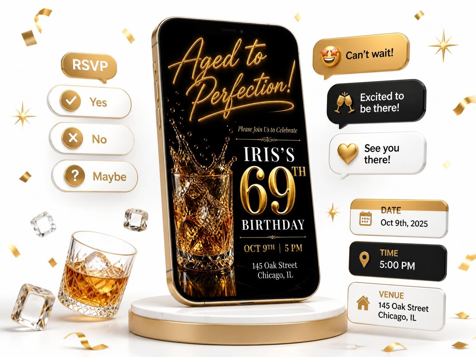 The Whiskey Glass 69th Birthday Invitation invitation on a phone, with guest RSVPs arriving around it
