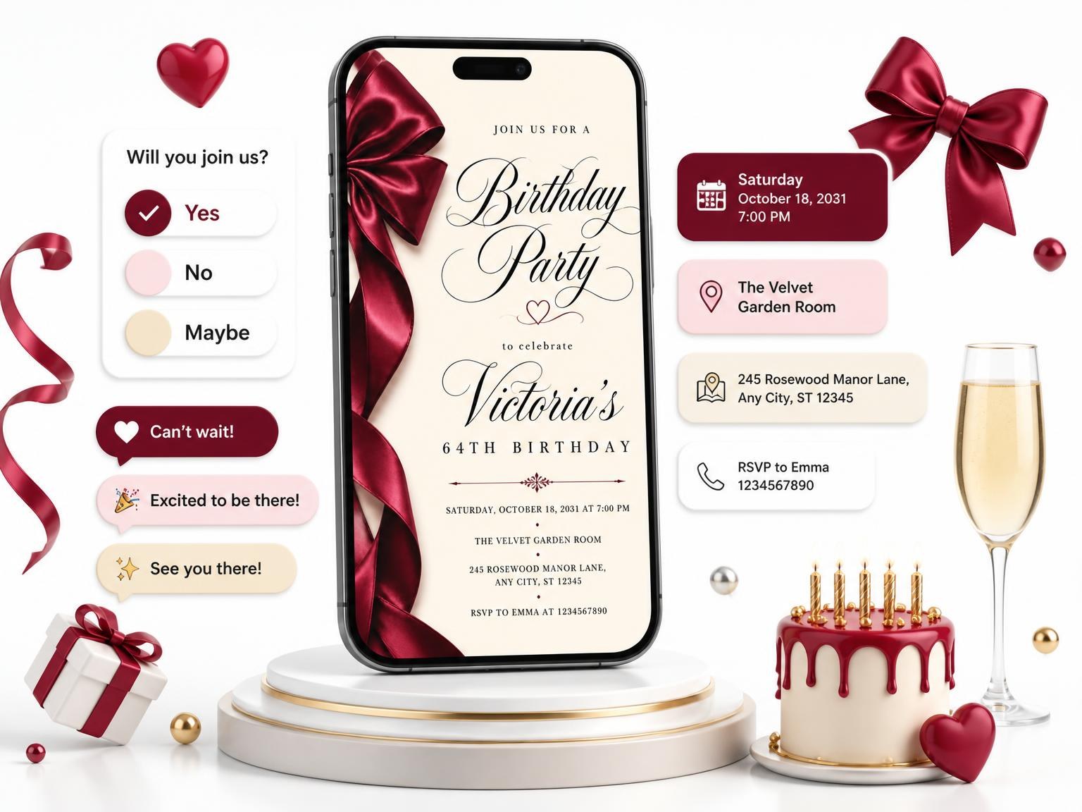 The Burgundy Satin Bow 64th Birthday Invitation invitation on a phone, with guest RSVPs arriving around it