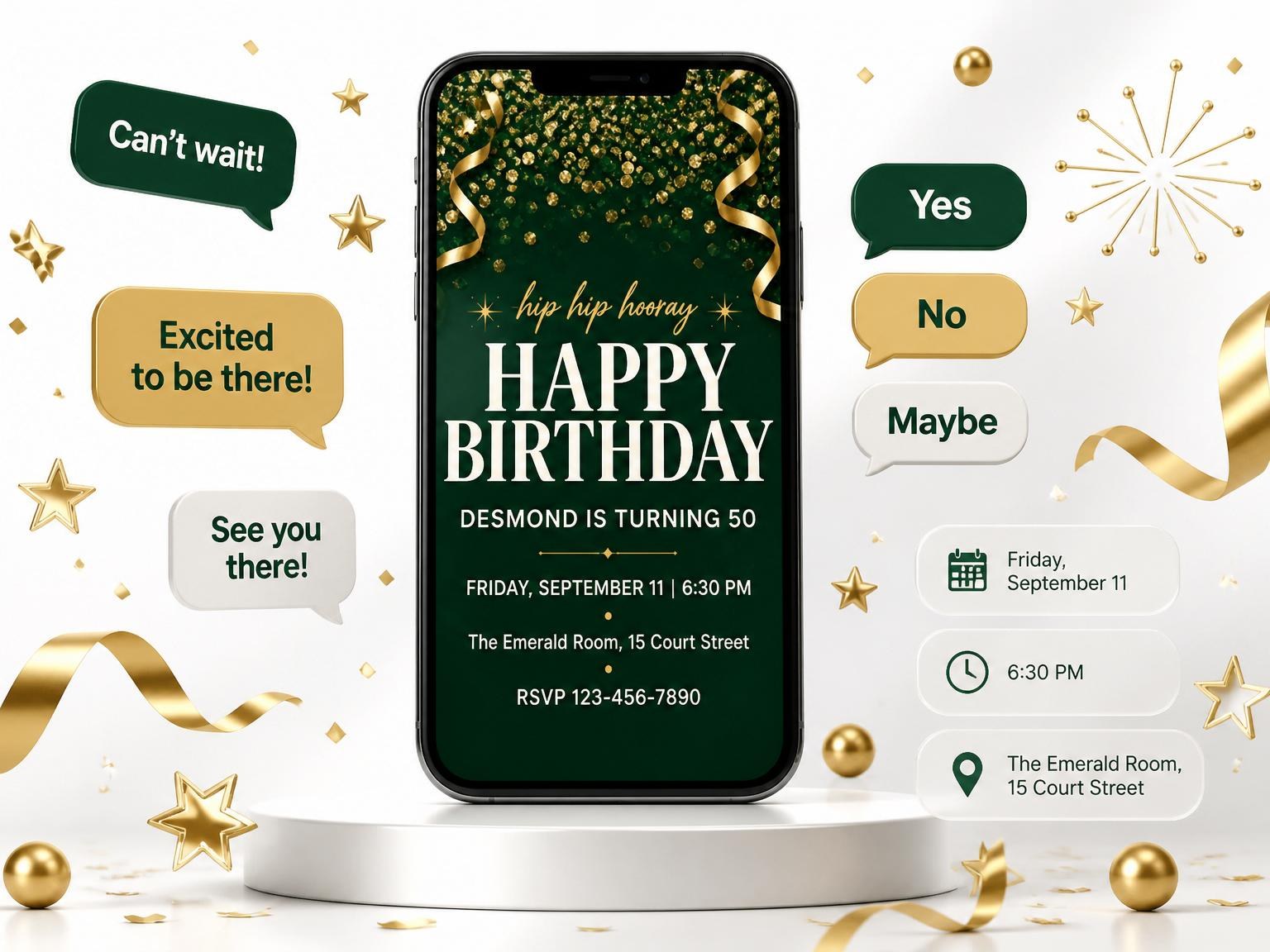 The Emerald and Gold Confetti Birthday invitation on a phone, with guest RSVPs arriving around it