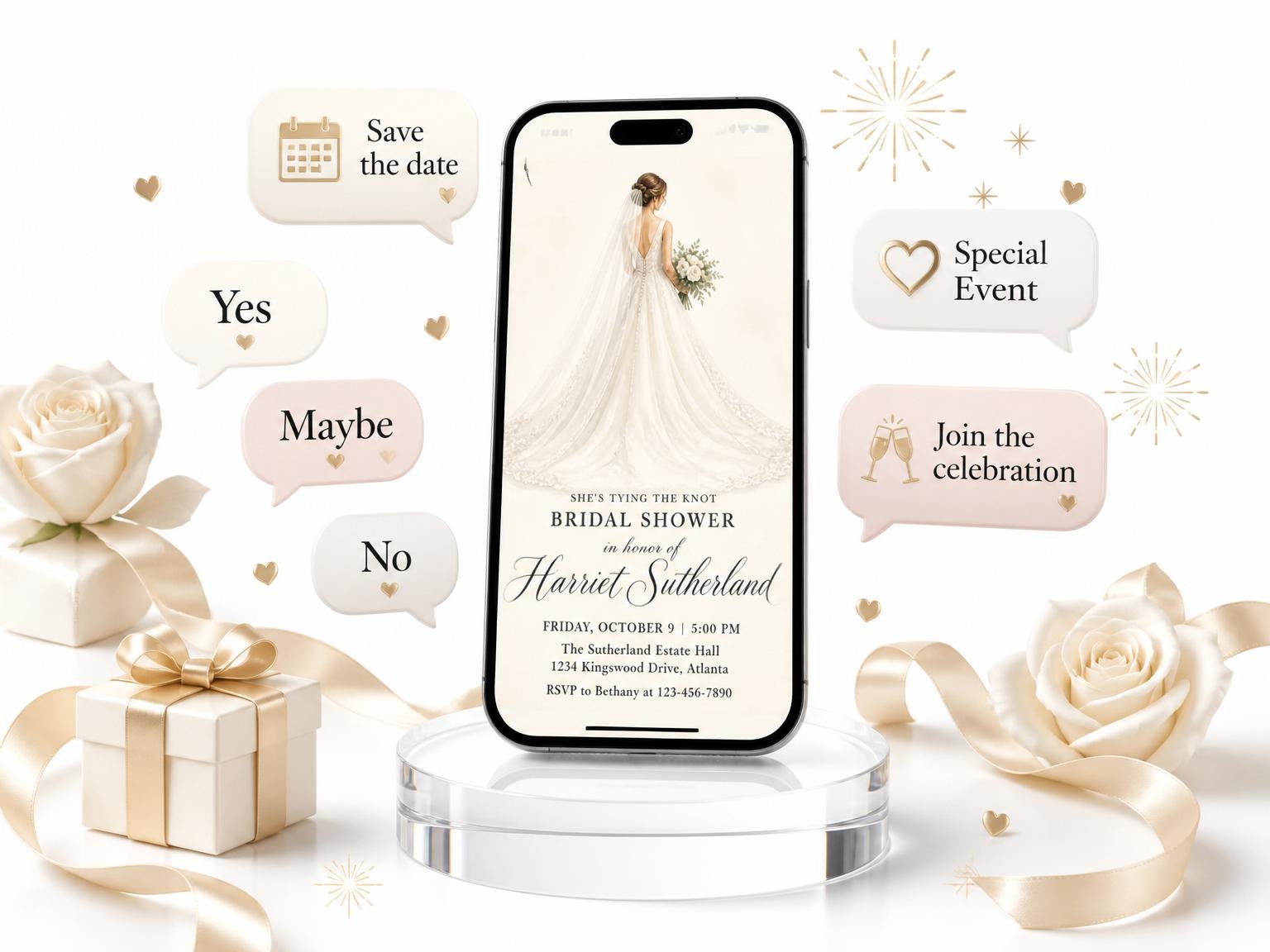 The Watercolor Bride Lace Gown Shower invitation on a phone, with guest RSVPs arriving around it