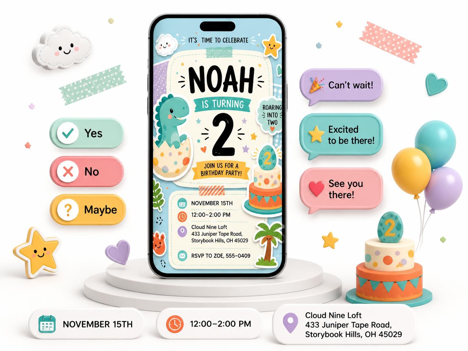 The Baby Dinosaur Pastel 2nd Birthday Invitation invitation on a phone, with guest RSVPs arriving around it