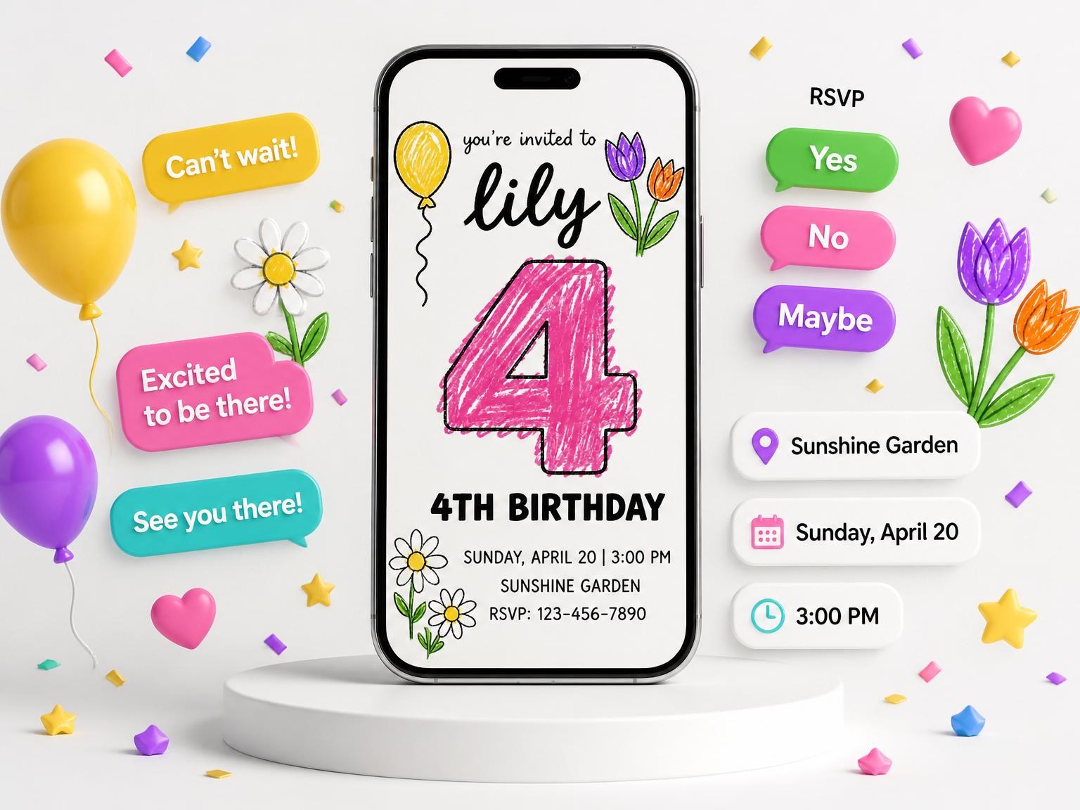 The Crayon Floral Balloon 4th Birthday Invitation invitation on a phone, with guest RSVPs arriving around it