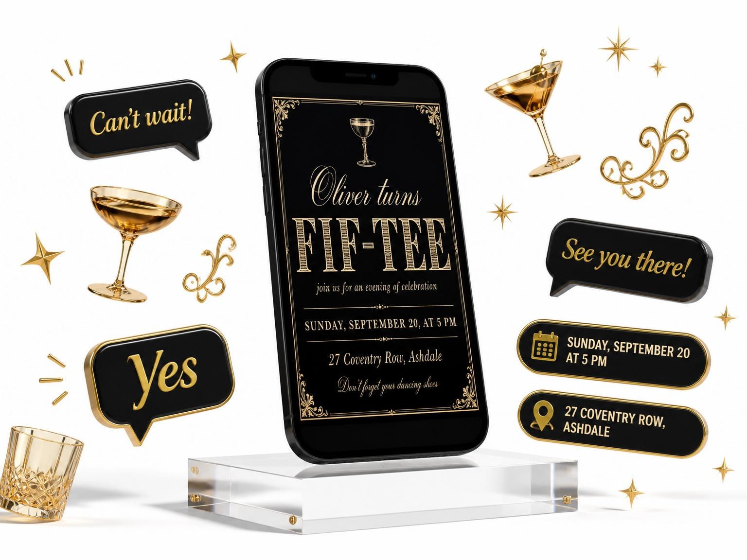 The Black Gold Coupe 50th Birthday invitation on a phone, with guest RSVPs arriving around it