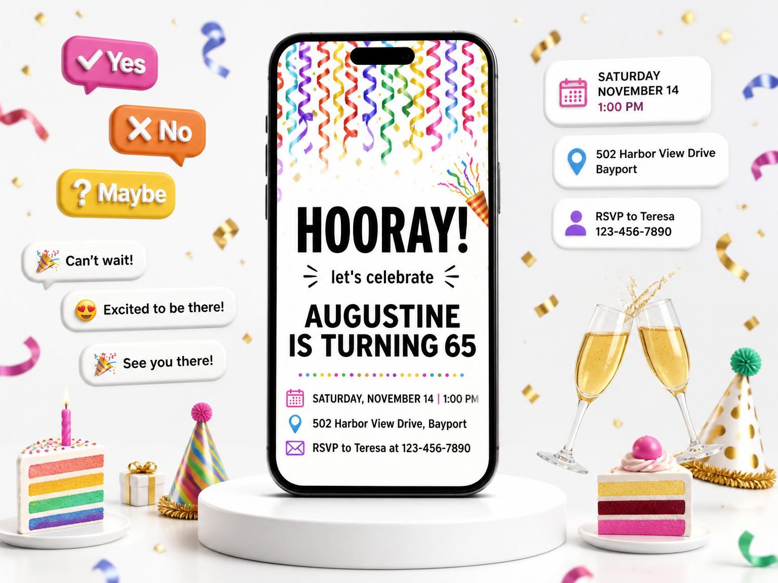 The Rainbow Streamer Confetti 65th Birthday Invitation invitation on a phone, with guest RSVPs arriving around it