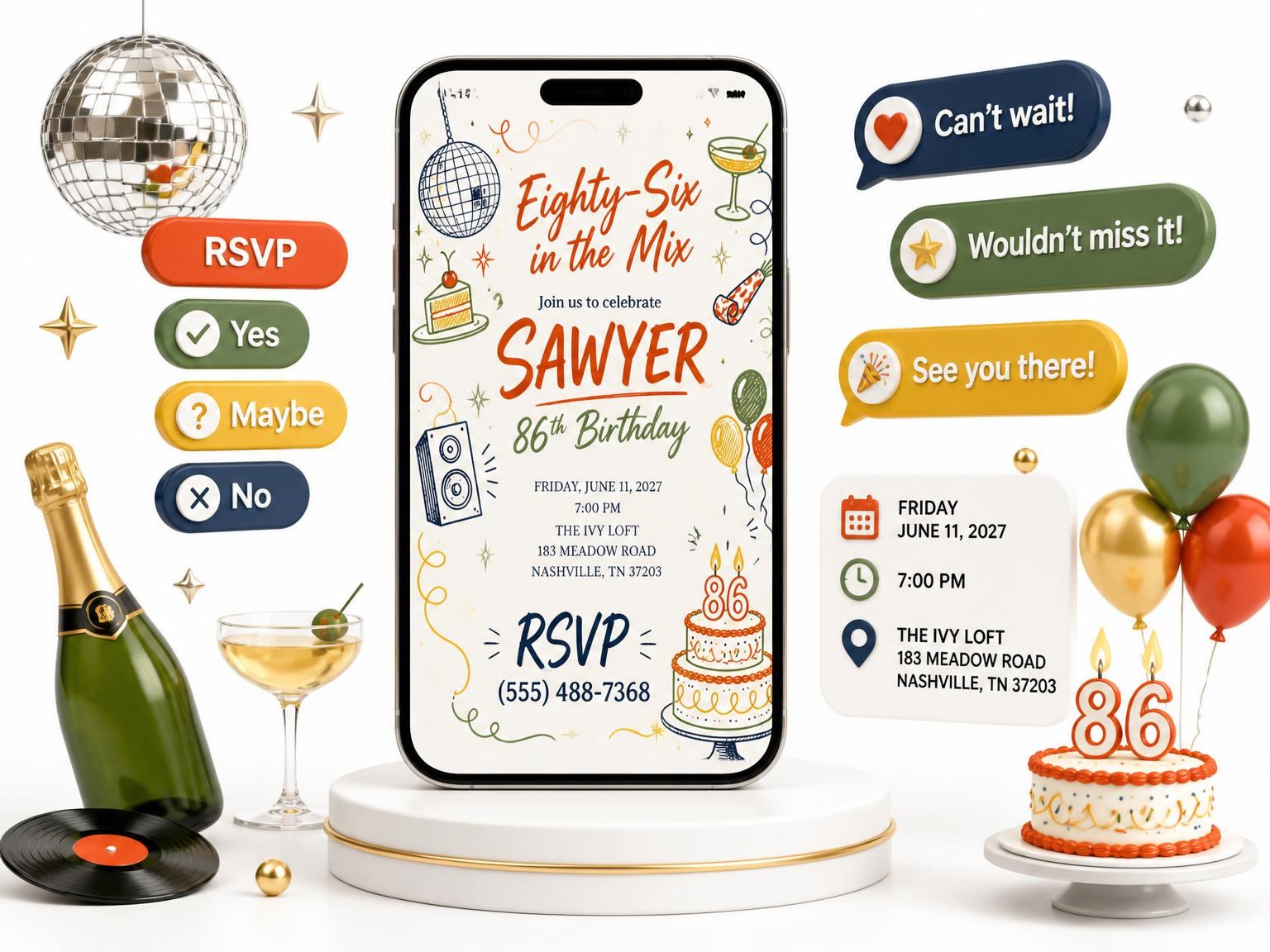The Retro Doodle 86th Birthday Invitation invitation on a phone, with guest RSVPs arriving around it