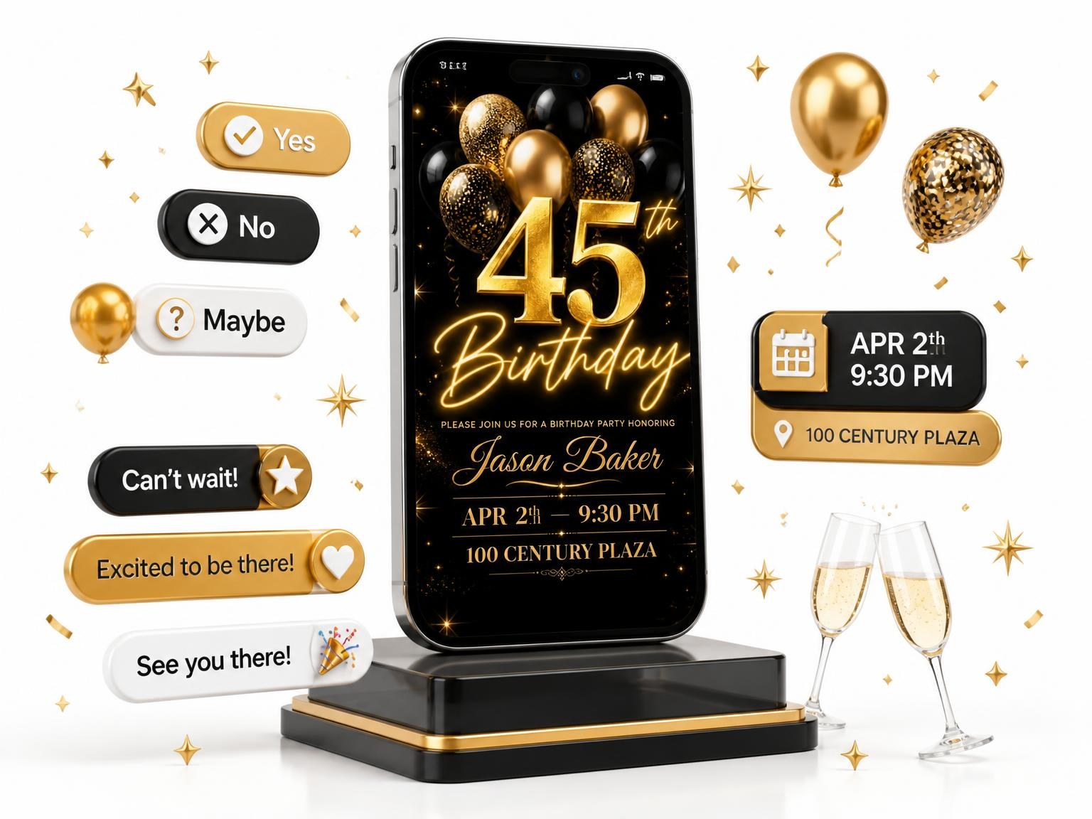 The Black and Gold Balloon 45th Birthday invitation on a phone, with guest RSVPs arriving around it