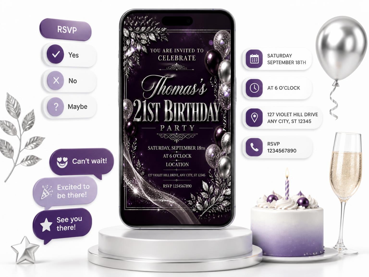 The Plum and Silver 21st Birthday Invitation invitation on a phone, with guest RSVPs arriving around it
