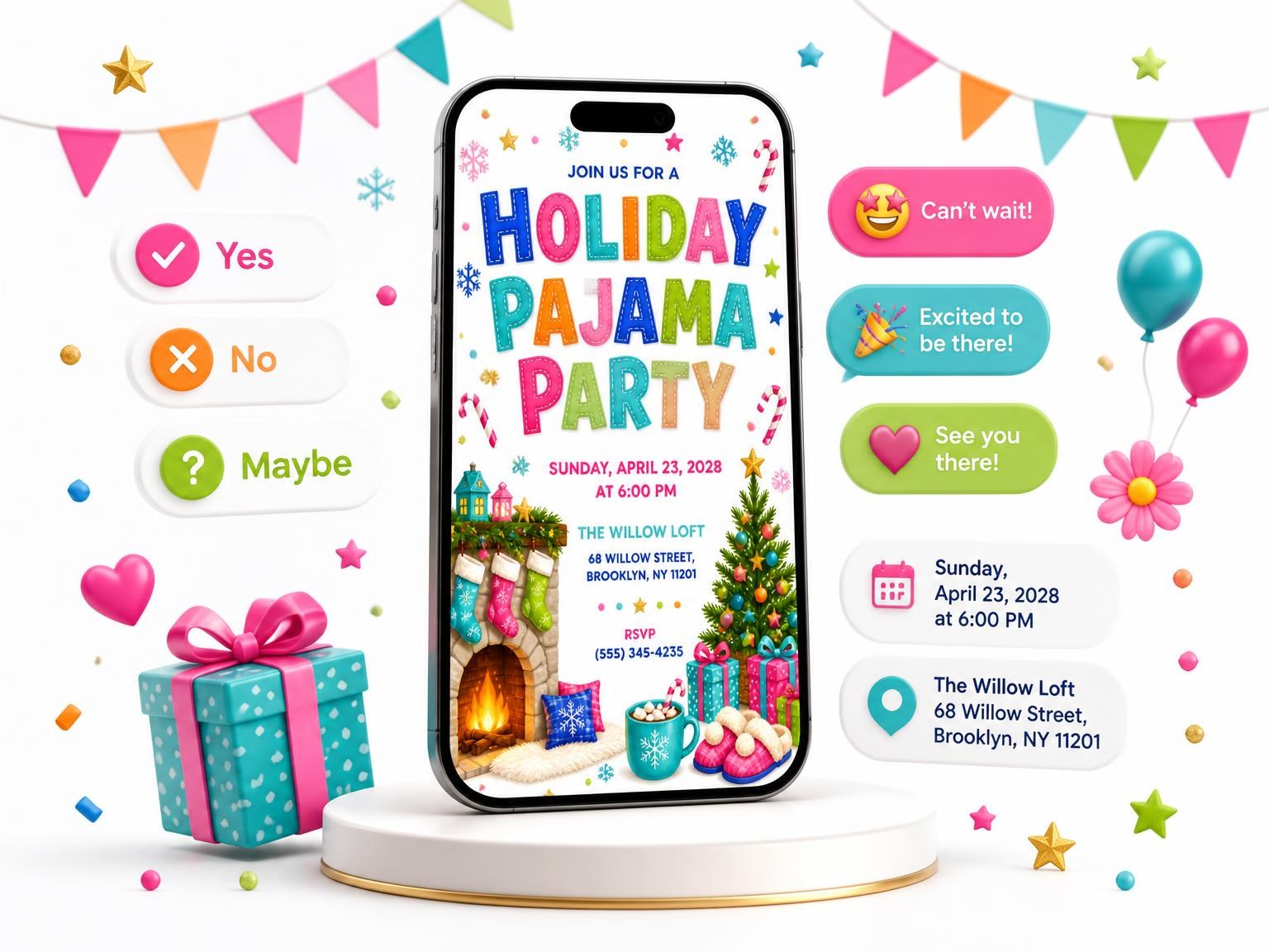 The Stone Fireplace Holiday Pajama Party Invitation invitation on a phone, with guest RSVPs arriving around it