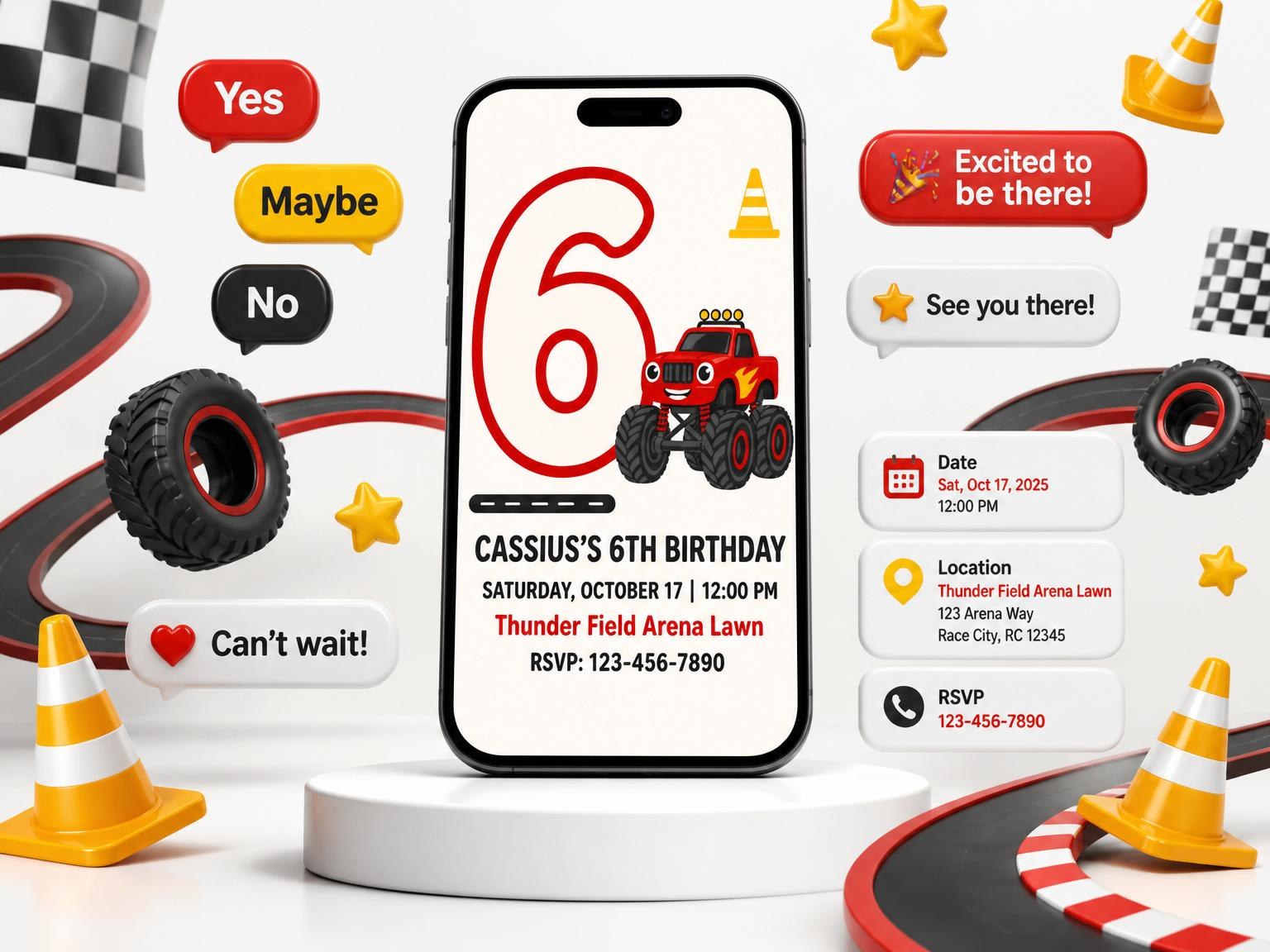 The Red Monster Truck 6th Birthday Invitation invitation on a phone, with guest RSVPs arriving around it
