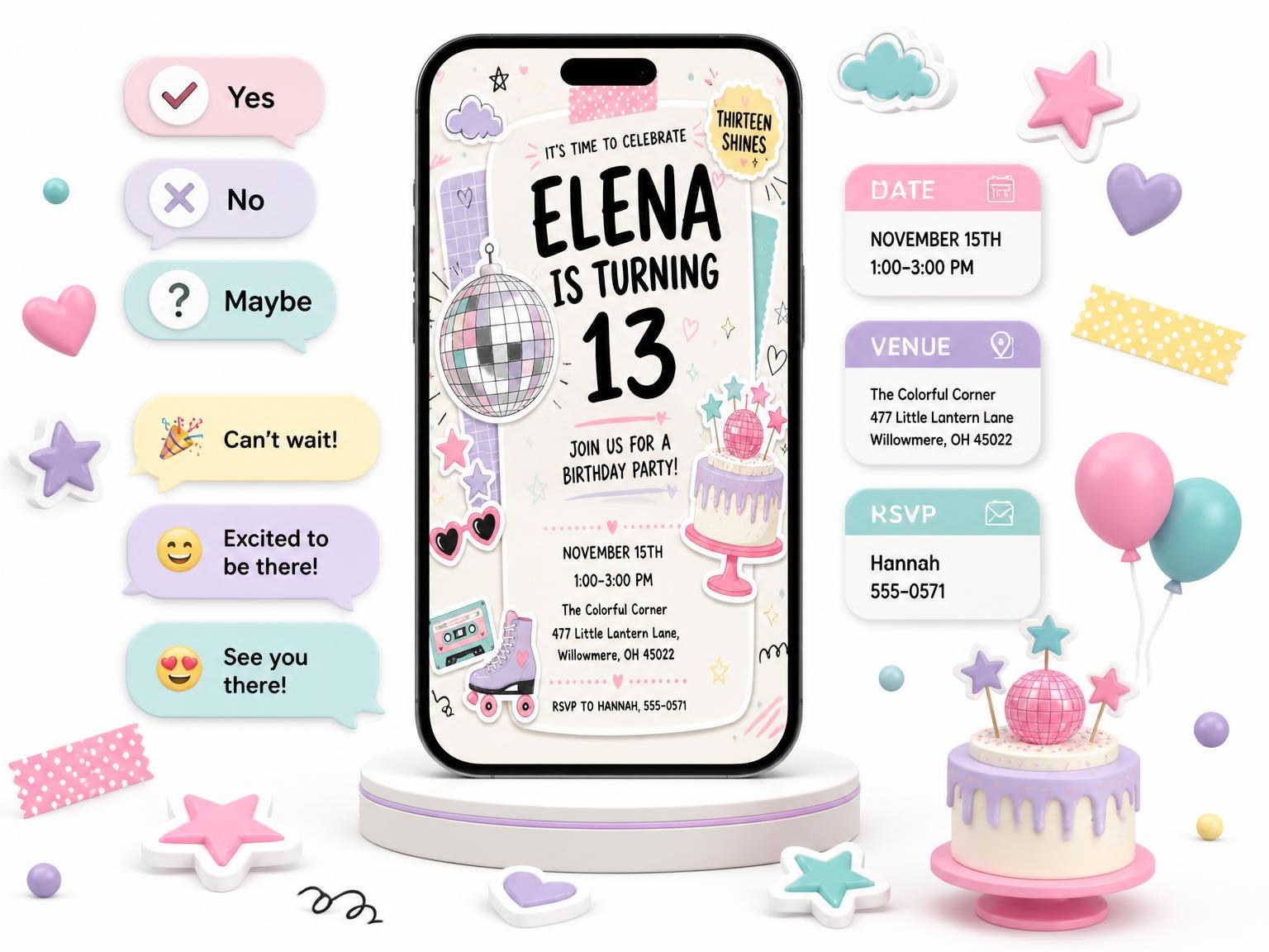 The Disco Ball Pastel 13th Birthday Invitation invitation on a phone, with guest RSVPs arriving around it