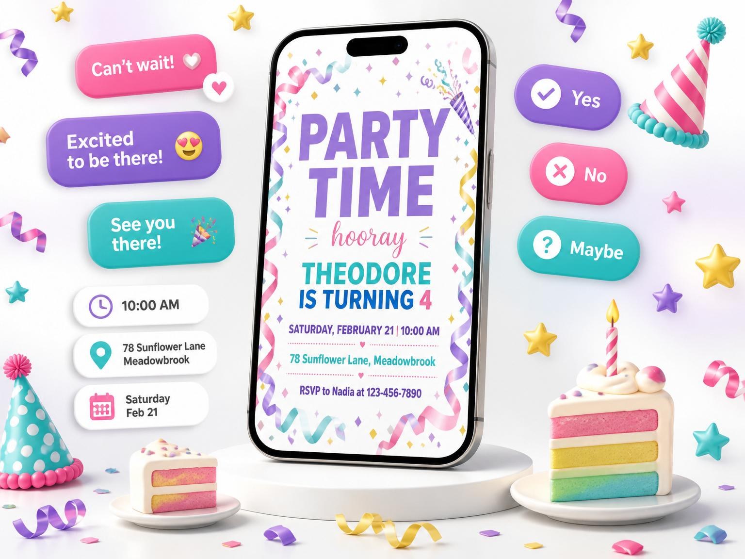 The Pastel Streamer 4th Birthday Invite invitation on a phone, with guest RSVPs arriving around it