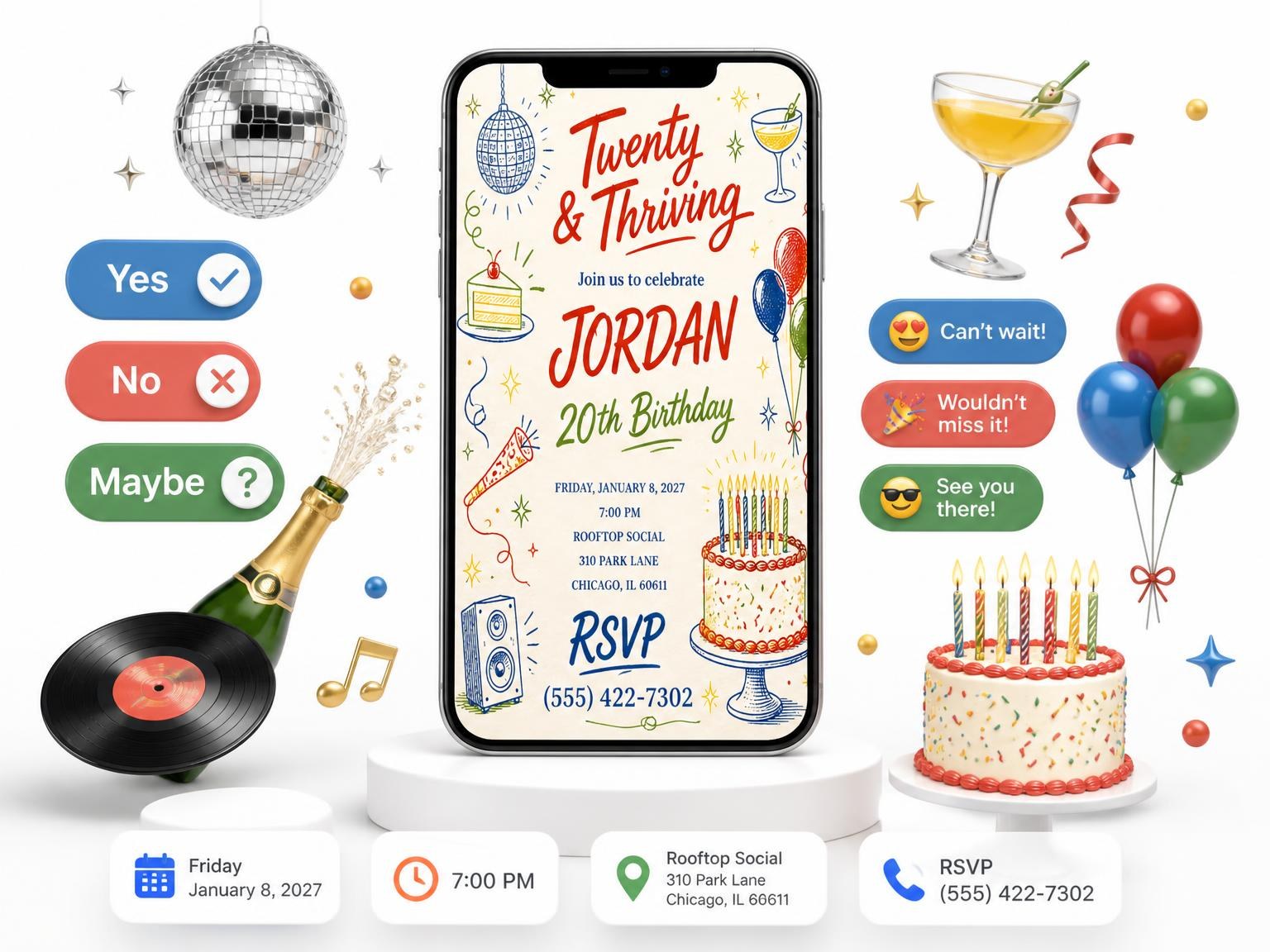 The Retro Doodle 20th Birthday Invitation invitation on a phone, with guest RSVPs arriving around it