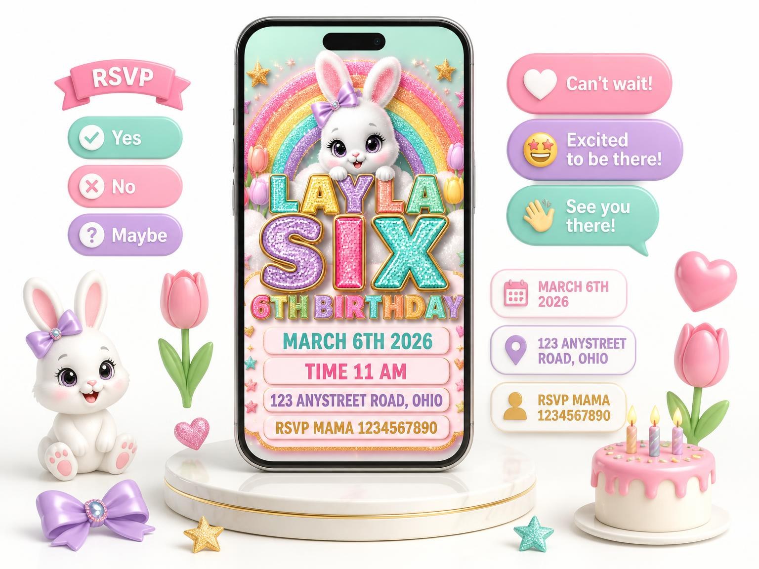 The Glitter Sparkle Bunny 6th Birthday Invitation invitation on a phone, with guest RSVPs arriving around it