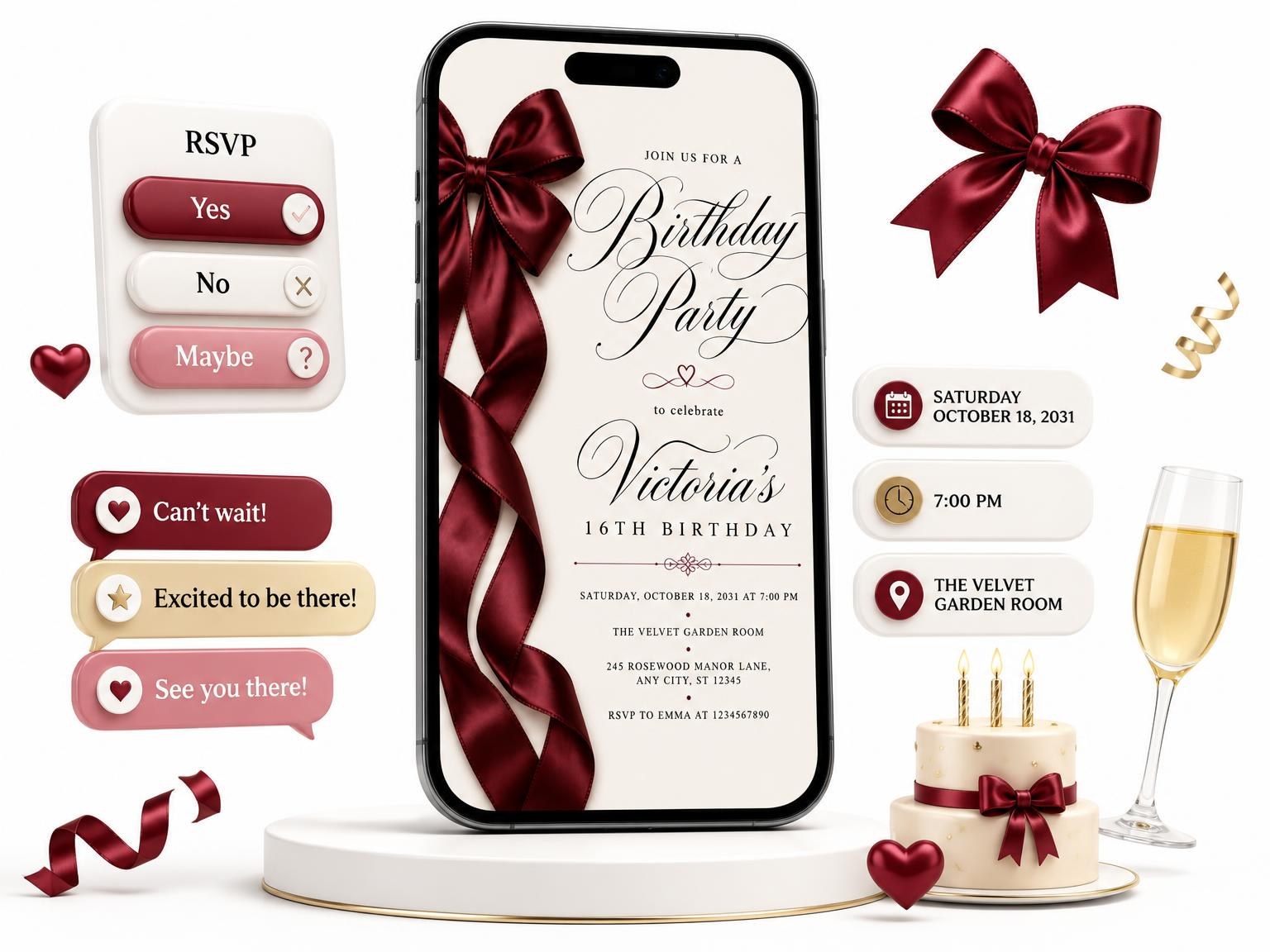 The Burgundy Satin Bow 16th Birthday Invitation invitation on a phone, with guest RSVPs arriving around it