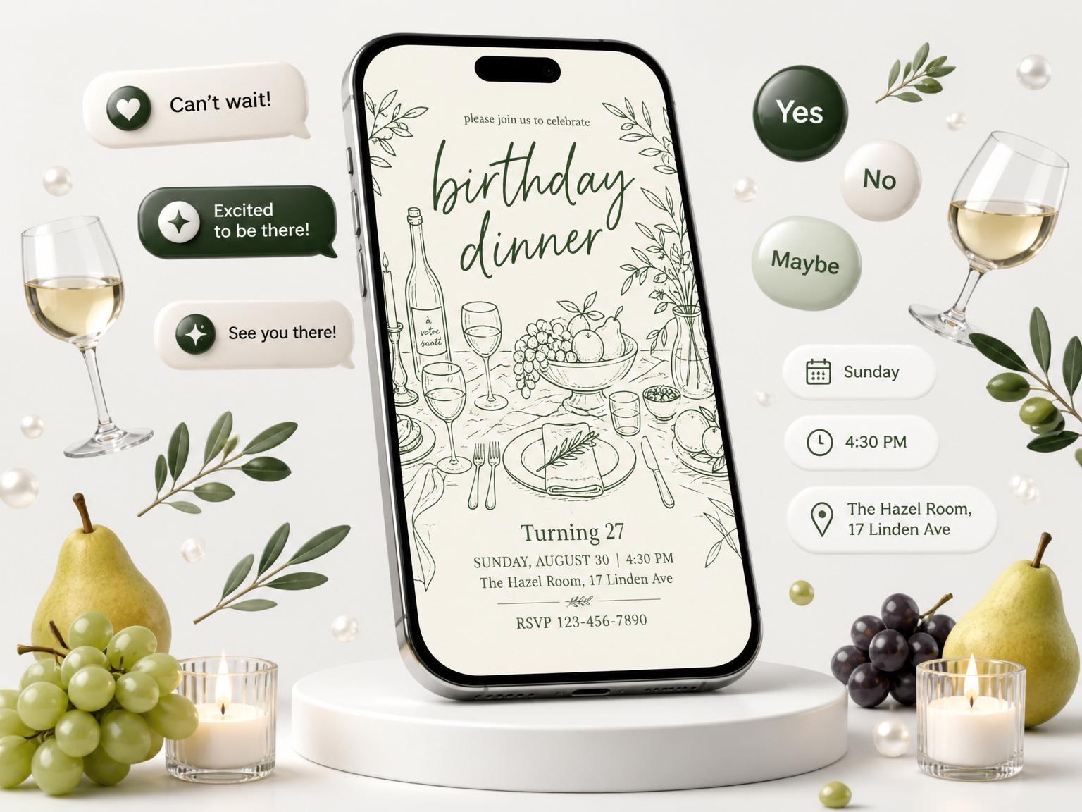 The Olive Green Botanical Line Art 27th Birthday invitation on a phone, with guest RSVPs arriving around it